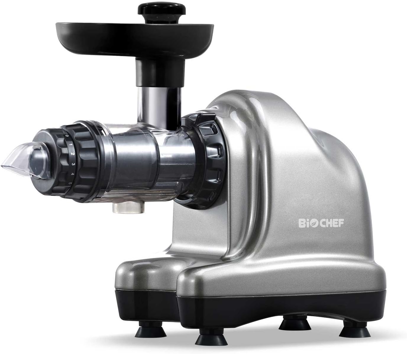BioChef Axis Cold Press Juicer/Horizontal Masticating Slow Juicer (Wide Mouth) with 20 Year Warranty for Wheat Grass, Fruits & Vegetables (Silver)