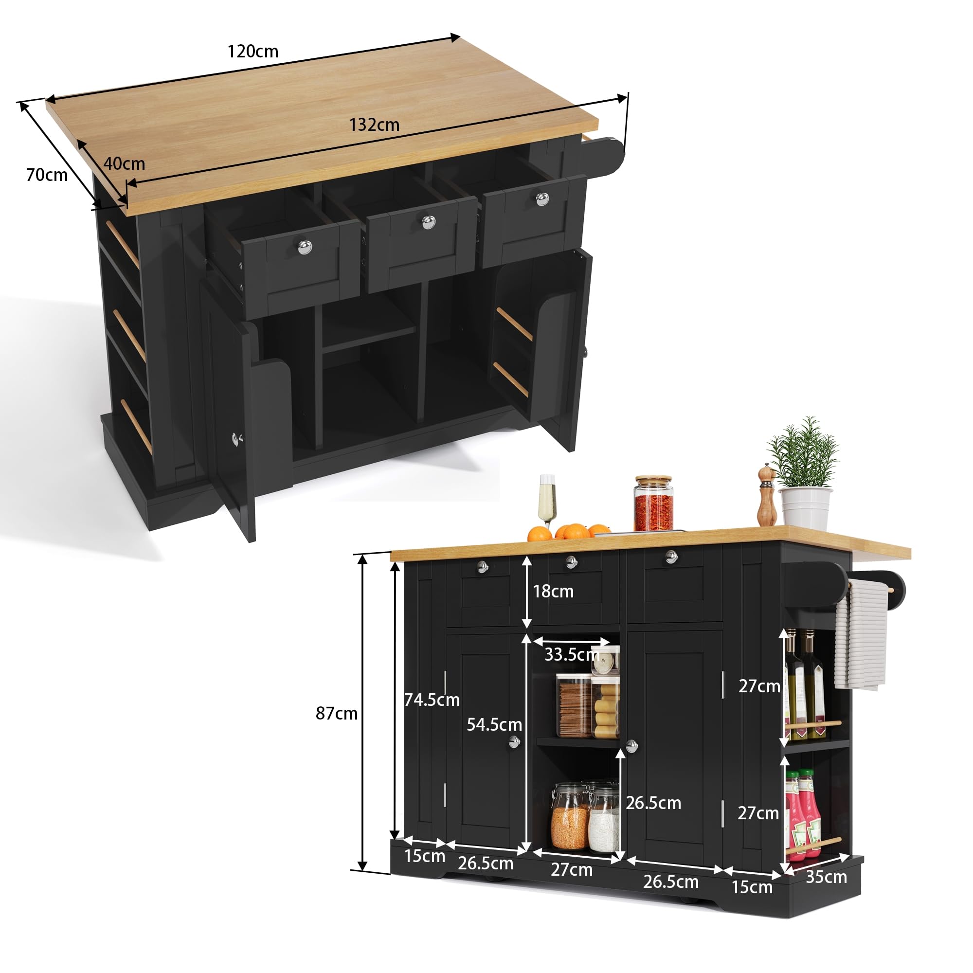 Isla De Cocina con Encimera Cocina Plegable y Enchufe de Carga, Armario con Cajones y Puerta, Muebles de Salon con Almacenamiento Abiertos, Mueble Auxiliar para Comedor, 132x87x70 cm (Negro)