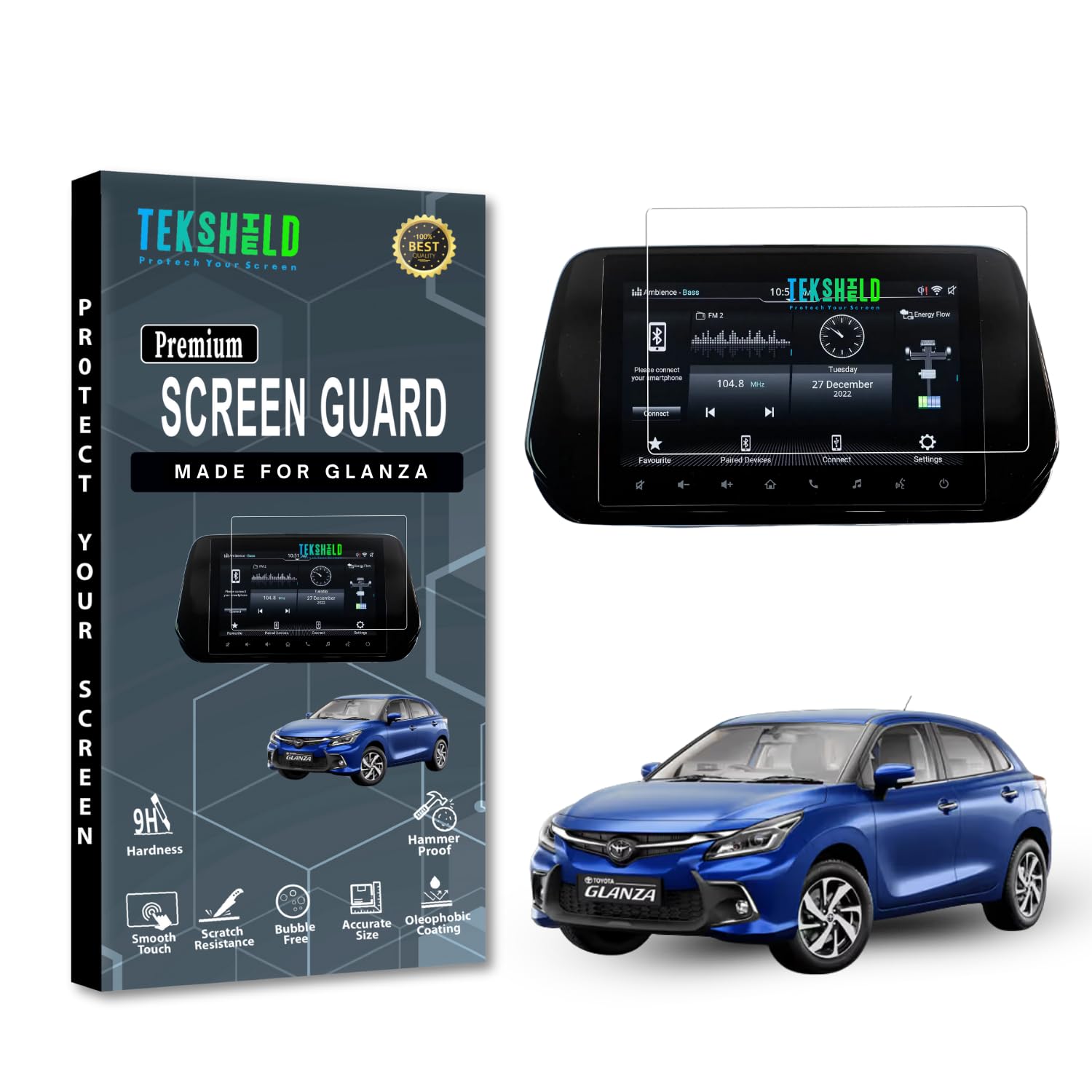 Tek Shield Screen Guard Protector for Toyota Glanza 9-Inch (2022-Running) model V || GPS Infotainment Music System || HD Clarity, Unbreakable, 9H Hardness, Bubble Free, Anti-Scratch [Not a Tempered Glass] Pack 1