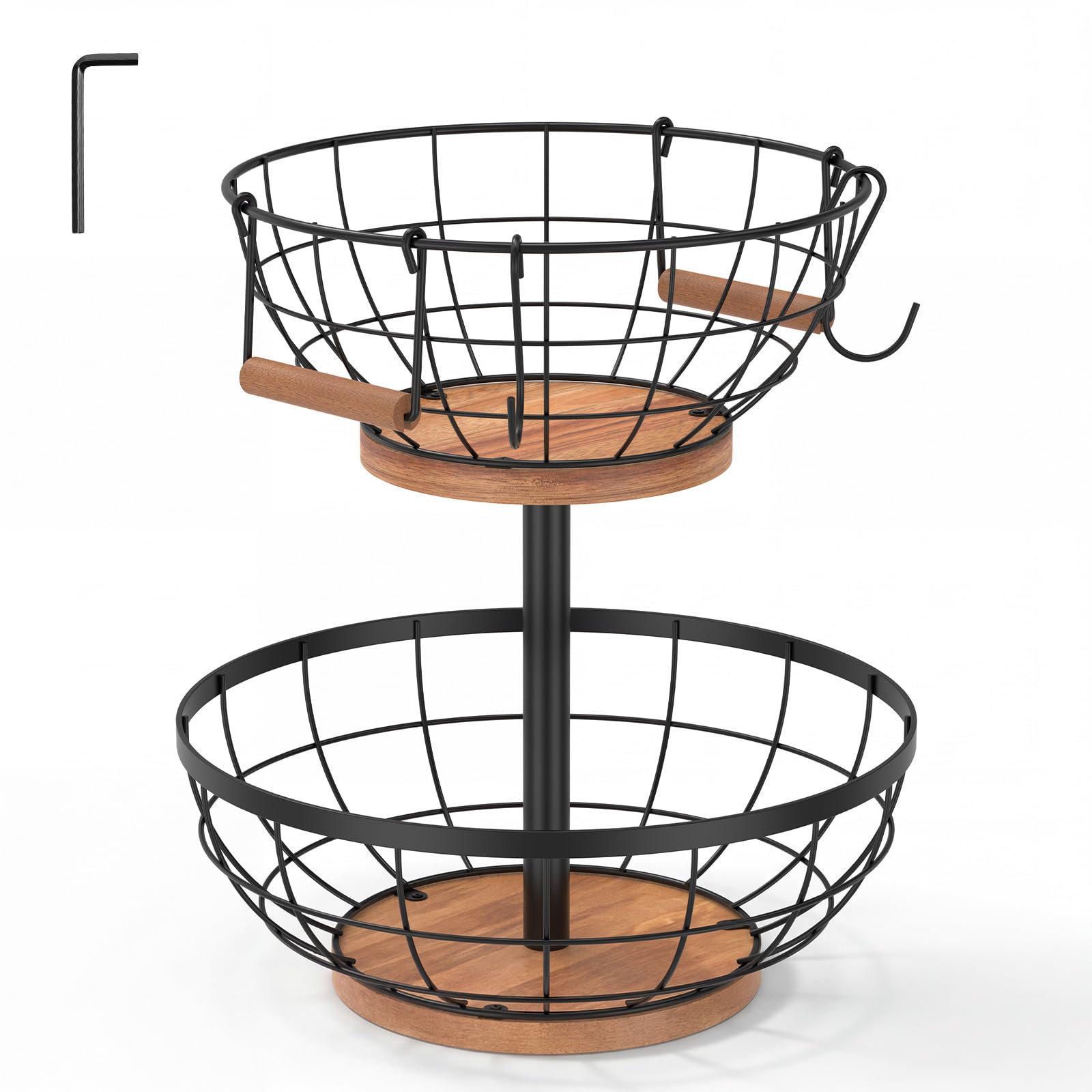 Guijzsltrg Black 2 Tier Fruit Basket With Wooden Base & Banana Hanger, Detachable Metal Fruit Bowl Storage For Kitchen Countertop, Rustproof Wire Vegetable Basket For Produce Snacks,