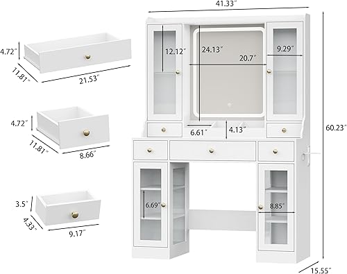 Miniatura 2 de Escritorio de tocador blanco con espejo y luces, mesa de tocador de maquillaje con espejo iluminado, 5 cajones y gabinete RGB, juego de tocador con