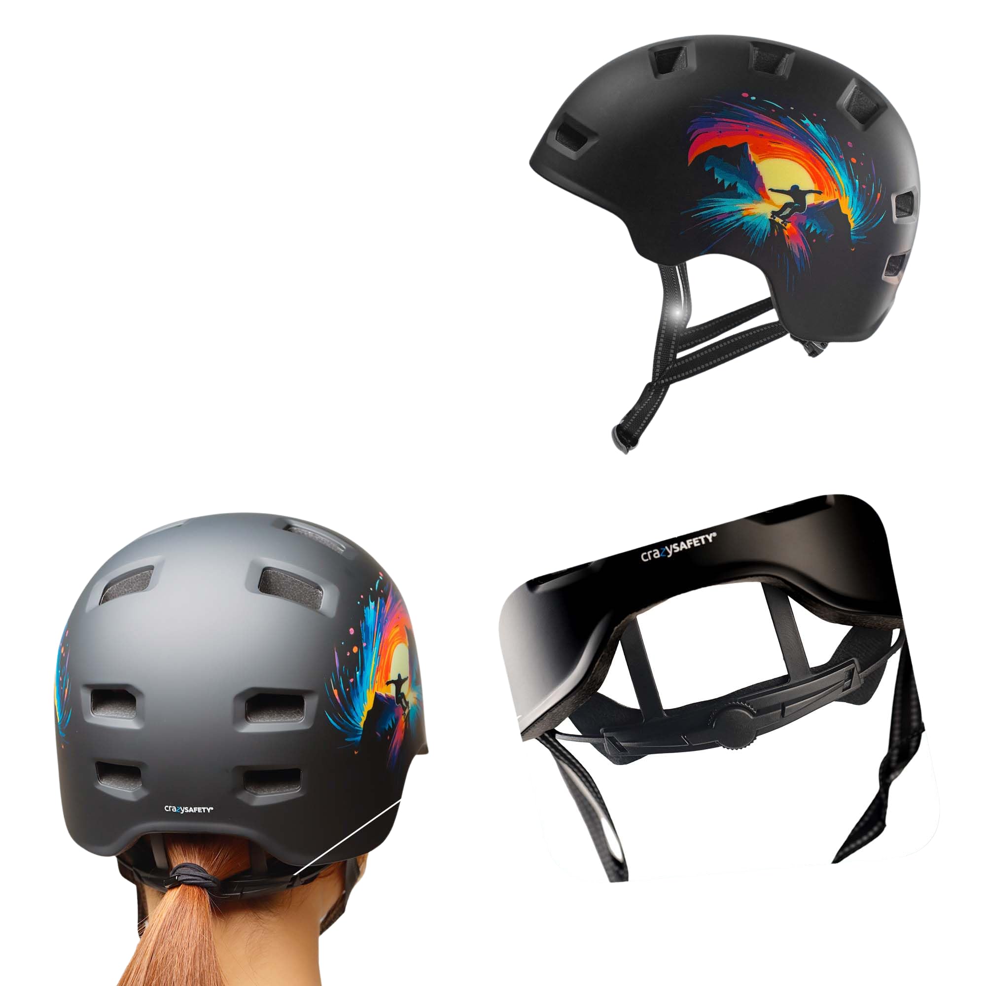 Crazy Safety Rampage Patinage Noir | Casque pour vélo, Skateboard, Rollers et BMX | Casque de vélo pour Hommes, Femmes et Enfants | M (54-57cm) | Casque Ajustable pour skateurs et Cyclistes