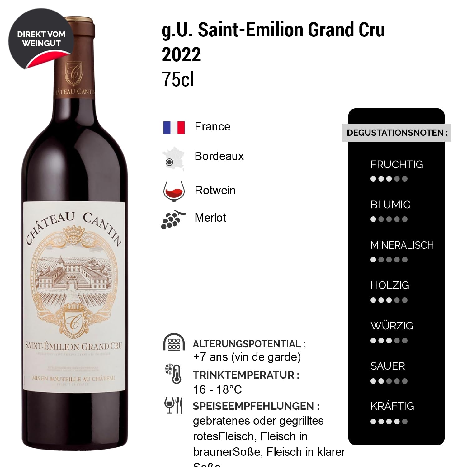 Château Cantin Rotwein 2022 - g.U. Saint-Emilion Grand Cru - Bordeaux Frankreich - Rebsorte Merlot - 6x75cl