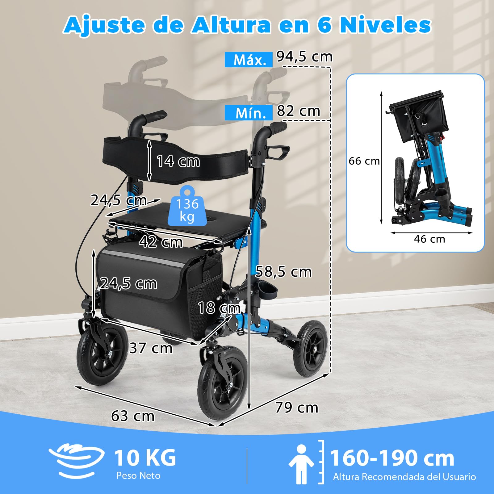 COSTWAY 2 en 1 Andador para Ancianos Plegable, Andadores Adultos con Asiento, Respaldo, Suspensión de Muelles, Soporte para Bastón, Almacenamiento, Caminadores para Mayores con 4 Ruedas (azul)