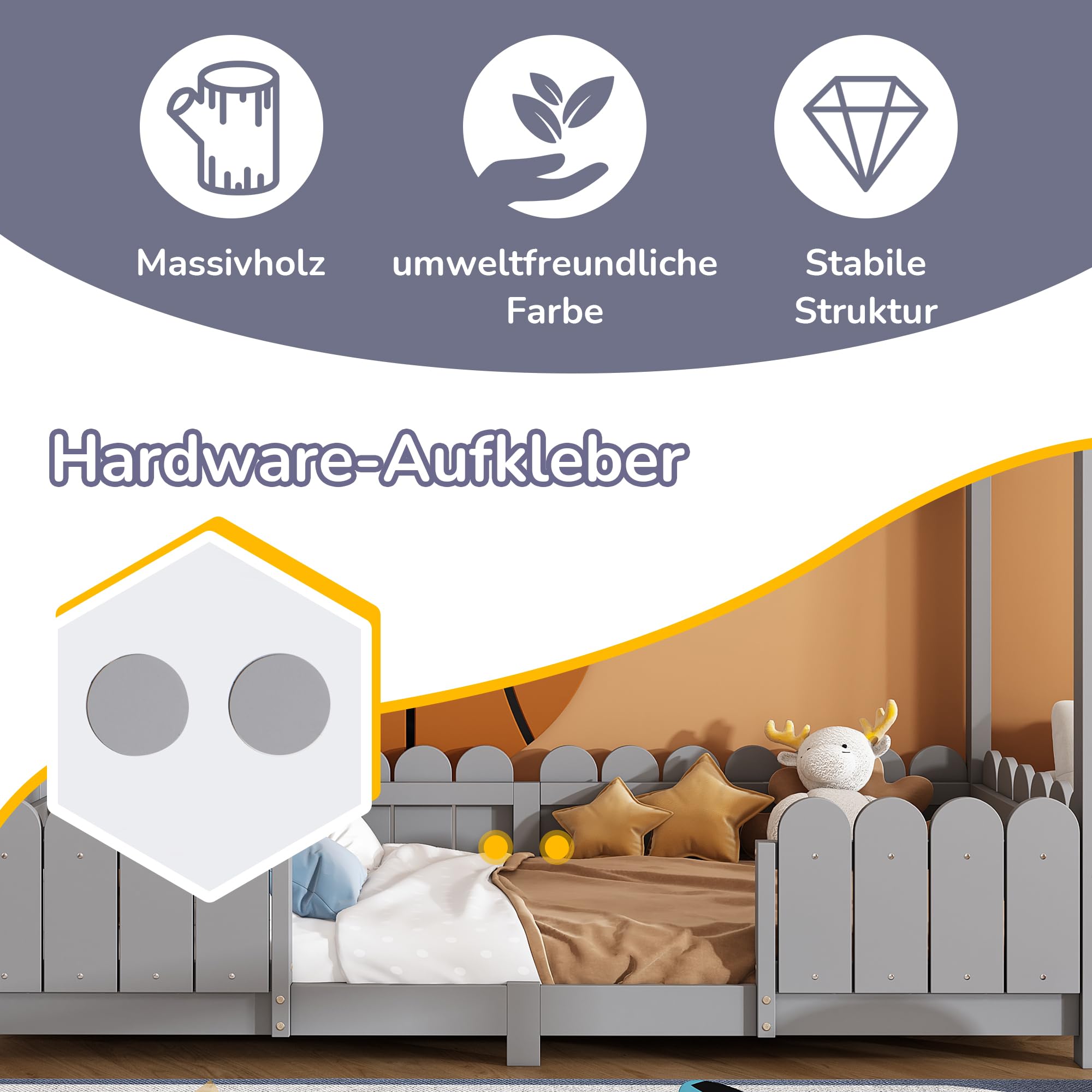 LINKHOO lit cabane bébé, en Bois Polyvalent, pour garçons et Filles, avec Protection Contre Les Chutes et sommier à Lattes(sans Matelas), 90x200 cm, Gris