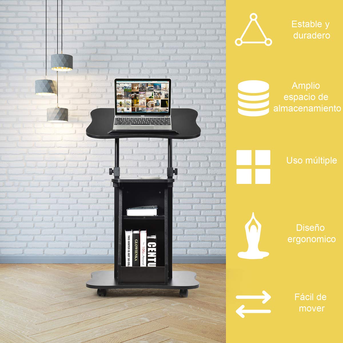 COSTWAY Mesa para Ordenador Portátil Altura Ajustable con Ruedas y Estante Carro para Computadora para Oficina Hogar Negro