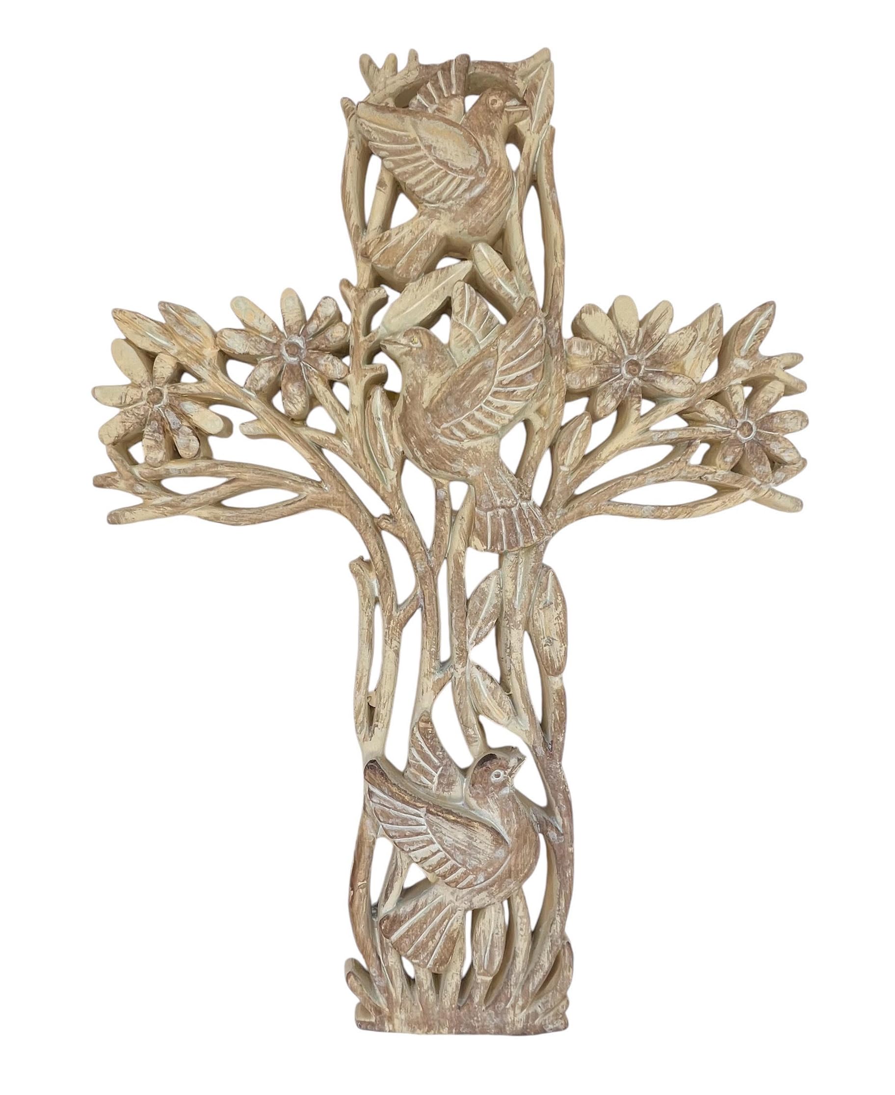 Top Brass Garden of Life Decorative Wall Cross – Rustic Carved Wood Look – Flowers and Doves Spiritual Jesus Art