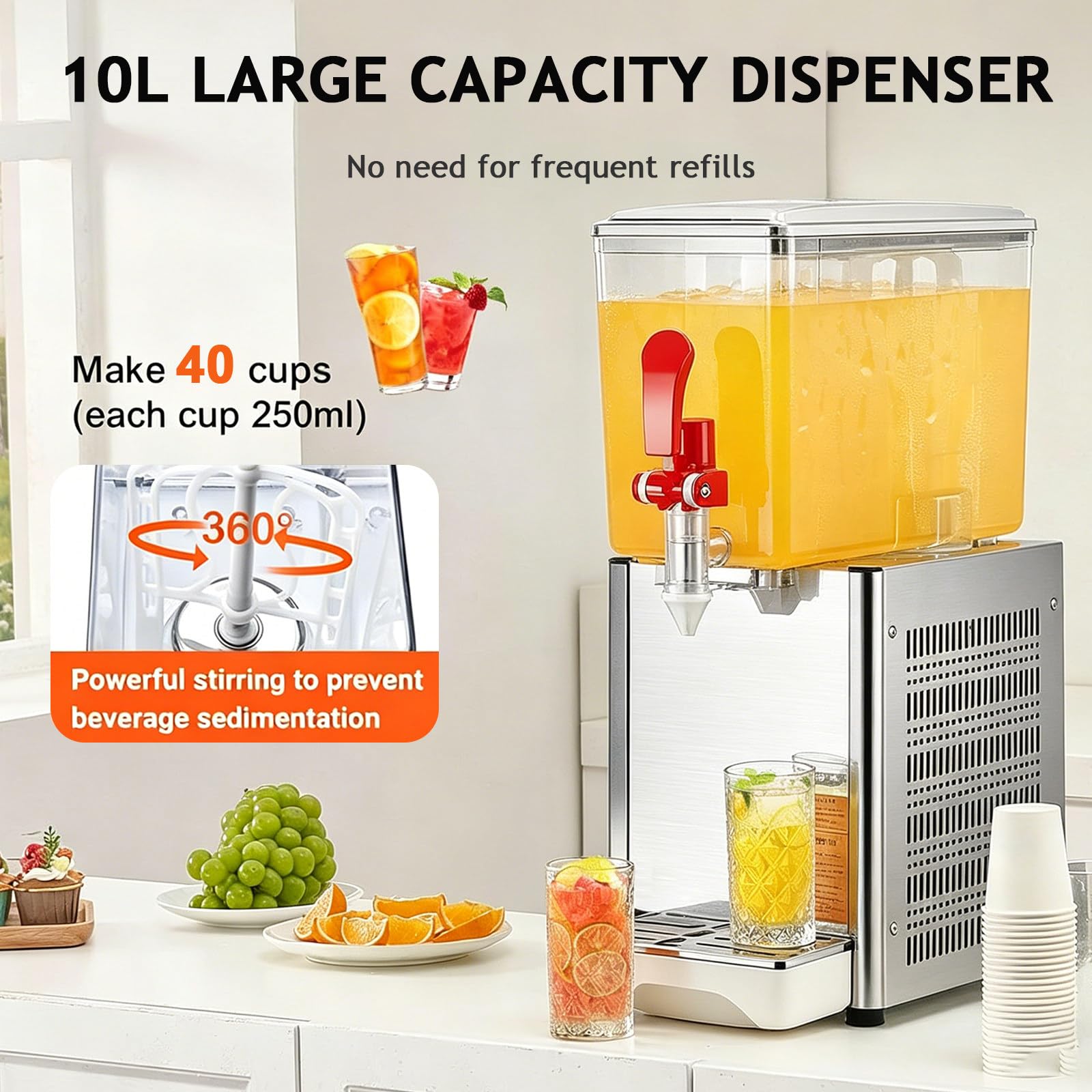 Distributore di bevande, 10 l, in acciaio inox, per feste, bevande calde e fredde, dispenser versatile per succhi di frutta, grande capacità