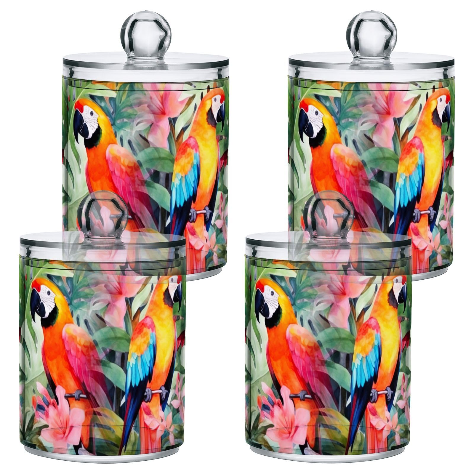 FLildon Colorful Parrot Birds Qtip Holder Dispenser, Bathroom Organizer and Storage Containers, 2Pack Clear Plastic Apothecary Jars with Lids for Cotton Ball, Cotton Swab, Floss