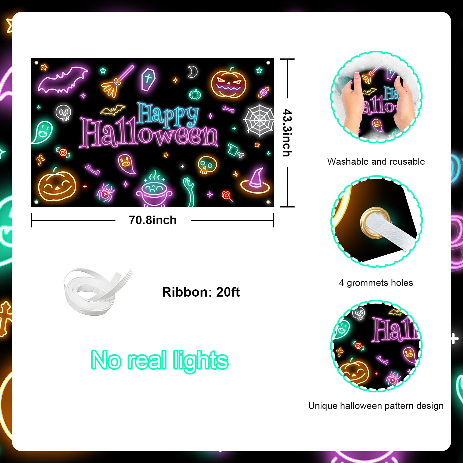 Neon Halloween-Banner – Riesiges Fotohintergrund-Tuch (179x110 Cm), Glow-in-the-dark Optik