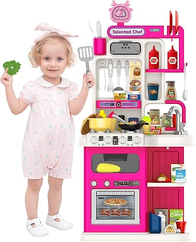 Juego de cocina para niños, cocina de juego para niños pequeños con sonidos y luces, estufa de cocina de vapor, fregadero, accesorios de cocina y