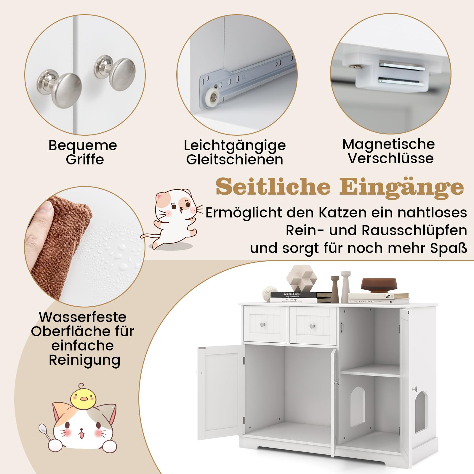 COSTWAY Katzenschrank für Katzentoilette, Katzenklo Schrank mit 2 Schubladen, 3 Türen & Eingang, Katzenhaus Katzenkommode Beistelltisch, Katzenmöbel für Innenbereich, modern, 100x45x80cm, Weiß