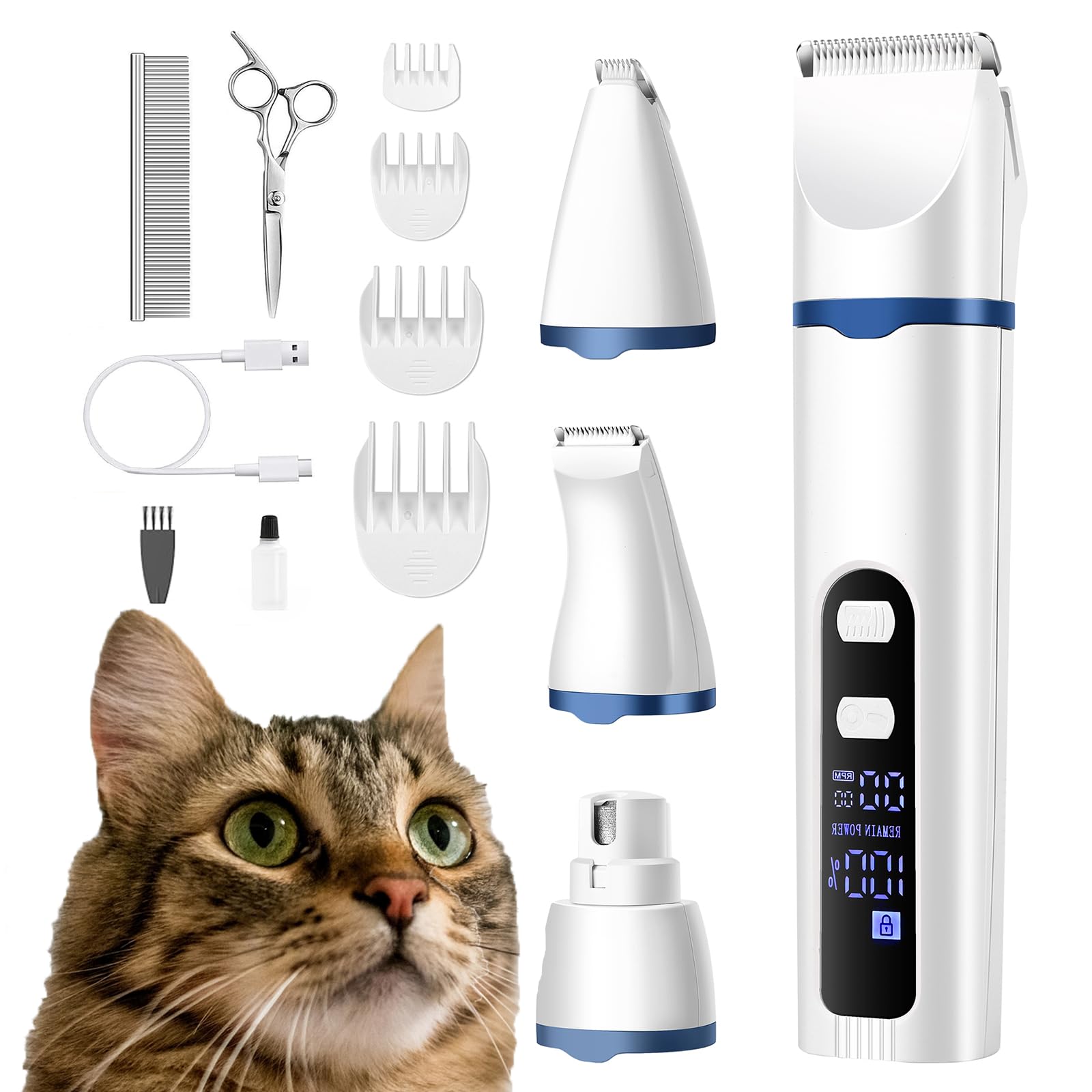 BreeyPaws Cat Clippers Dog Paw Trimmer Grooming Kit,4 in 1 Cat Shaver for matted Fur Claw Silent,Pet Shaver Trimmer for Dogs Cats Paws,2 Speed Battery Display Startup Locked USB Charge Cable (Blue) — image 1