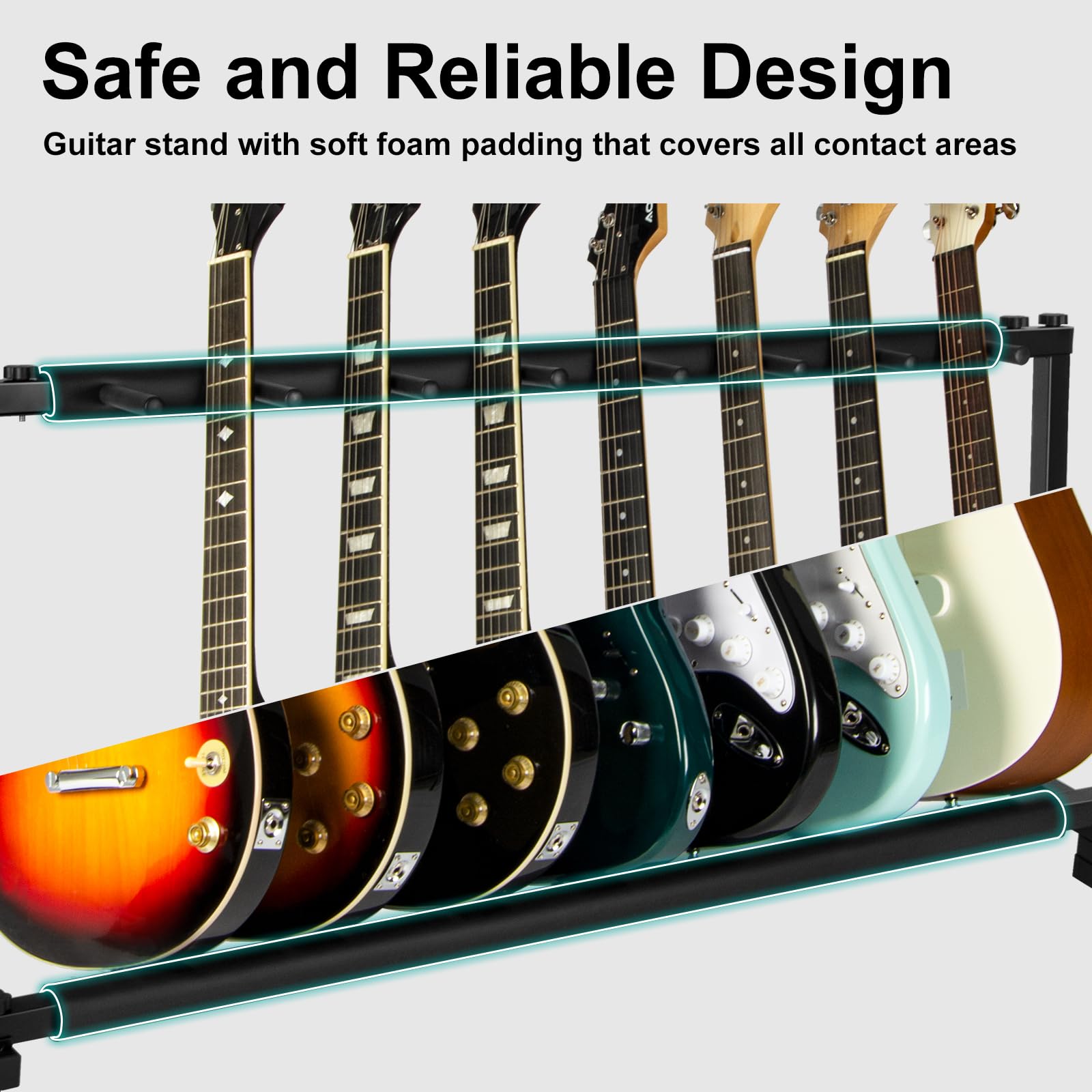 AODSK Soporte para 7 guitarras con diseño plegable, soporte para múltiples guitarras, soporte portátil para guitarra negra, soporte de exhibición de guitarra negro para guitarra y bajo, estudio y
