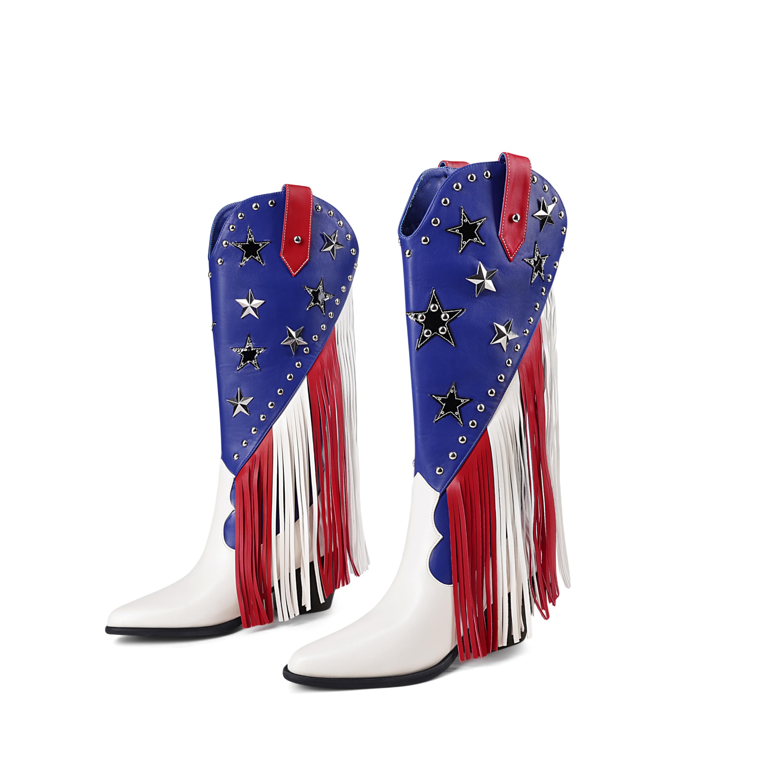 HiColor women's patriotic fringe studded cowboy boots pointed toe chunky heels boots