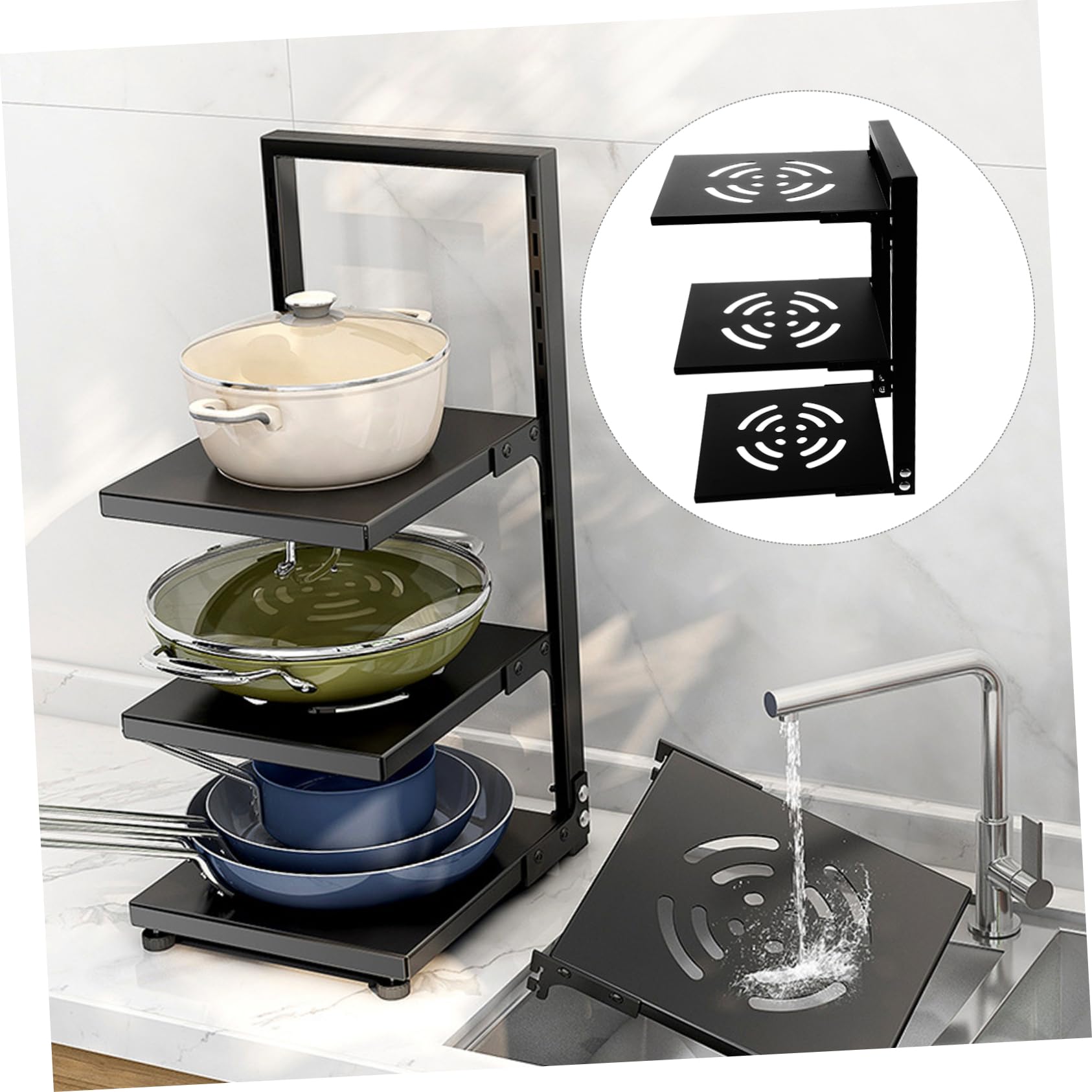 UKCOCO Organizzatore per Organizzare Pentole e Padelle per Pentole a 3 Livelli in Acciaio al Carbonio Nero Spazi Regolabili, Scaffale Multifunzione per Cucina e Bagno