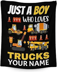 Personalized Construction Truck Blanket Gifts with Name - 50x60 Inches Funny Throw Blanket for Boys - Black Soft Fuzzy Excavator Blankets for Bed, Couch & Living Room