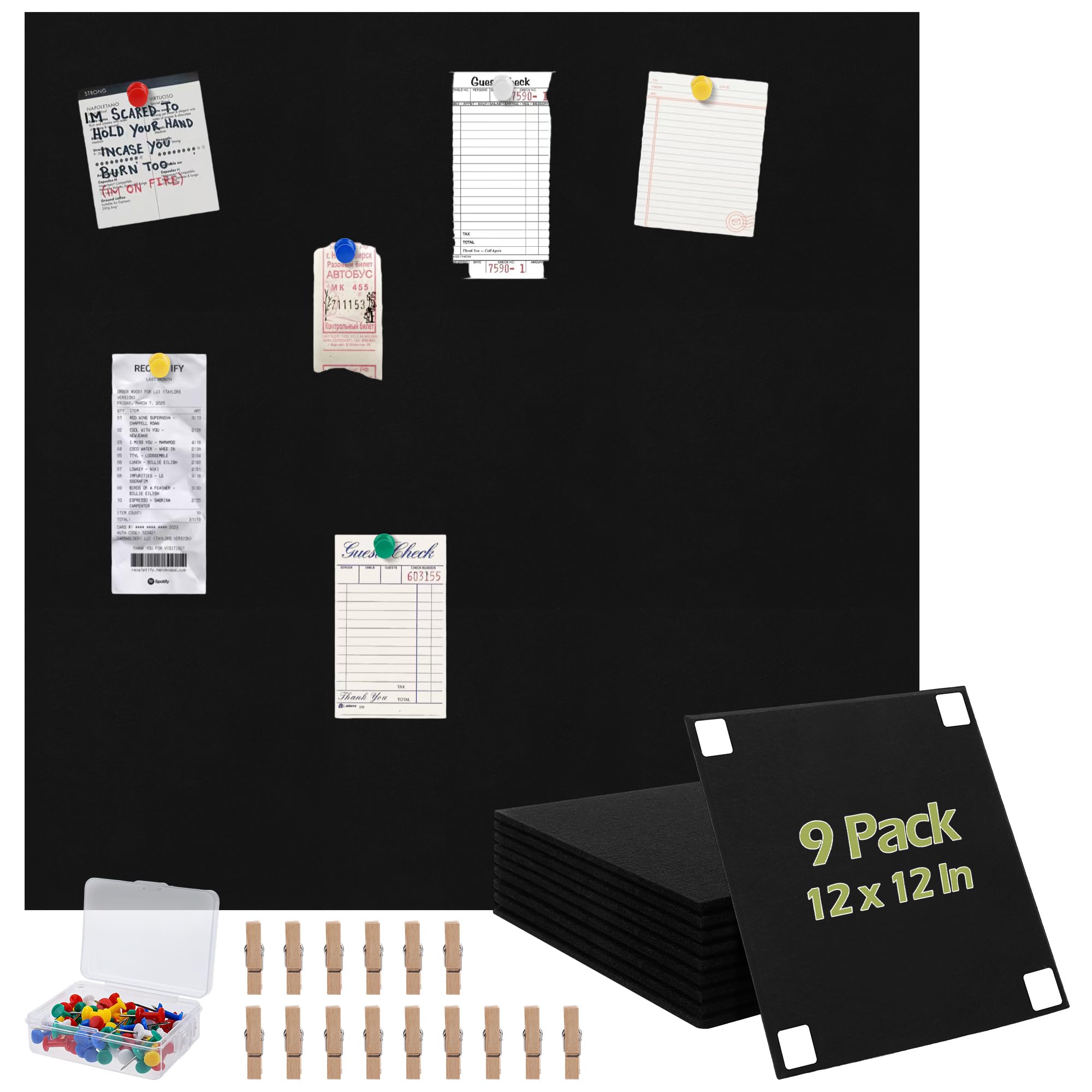 Aodaer 9 Pack Felt Bulletin Pin Board, 12 x 12 Inch Cork Boards for Wall, 9 mm Thick Pinboard Office Home Decor, with 40 Double Sided Adhesive Dots 50 Pushpins 20 Clips, Black