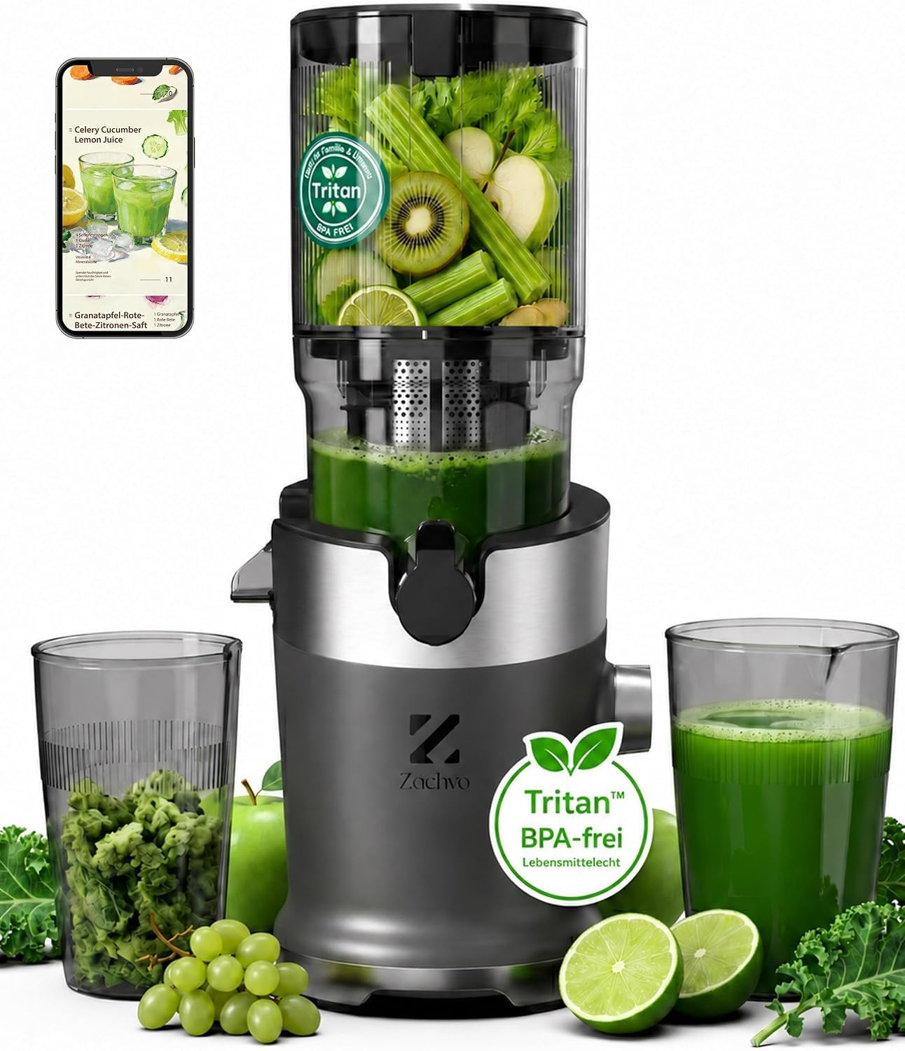 Entsafter BPA-frei Tritan, Entsafter Gemüse und Obst Testsieger Vorschneidmesser für ganzes Pressgut · 3-in-1: Saft, Fruchtfleisch & Sorbet · 50–70 U/min · BPA-freies Tritan