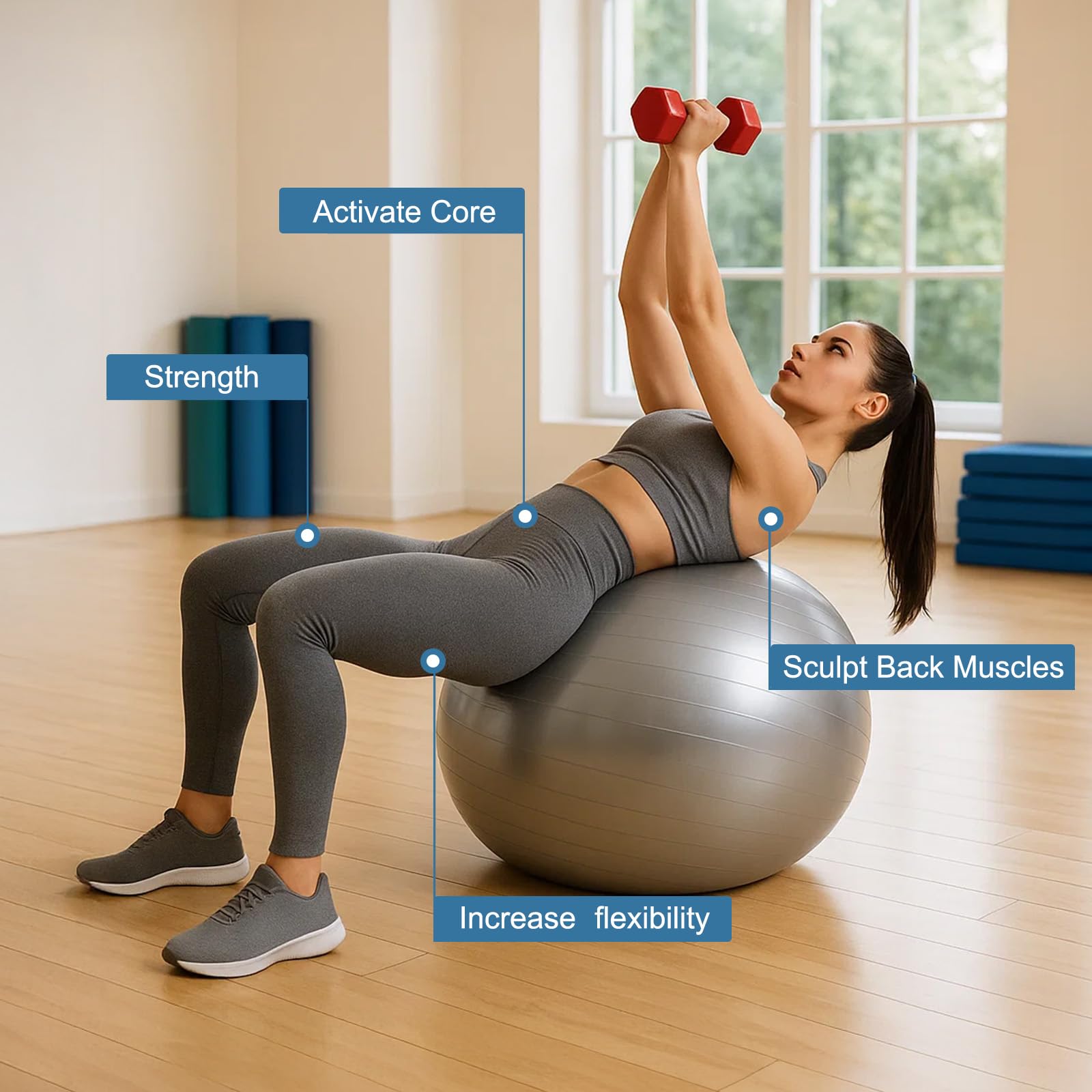 Gymnastikball 65cm Anti-Burst Fitnessball aus PVC – Rutschfester Sitzball für Yoga, Pilates, Schwangerschaft, Balance Training & Home Gym, Gym Ball mit Pumpe für Damen und Herren