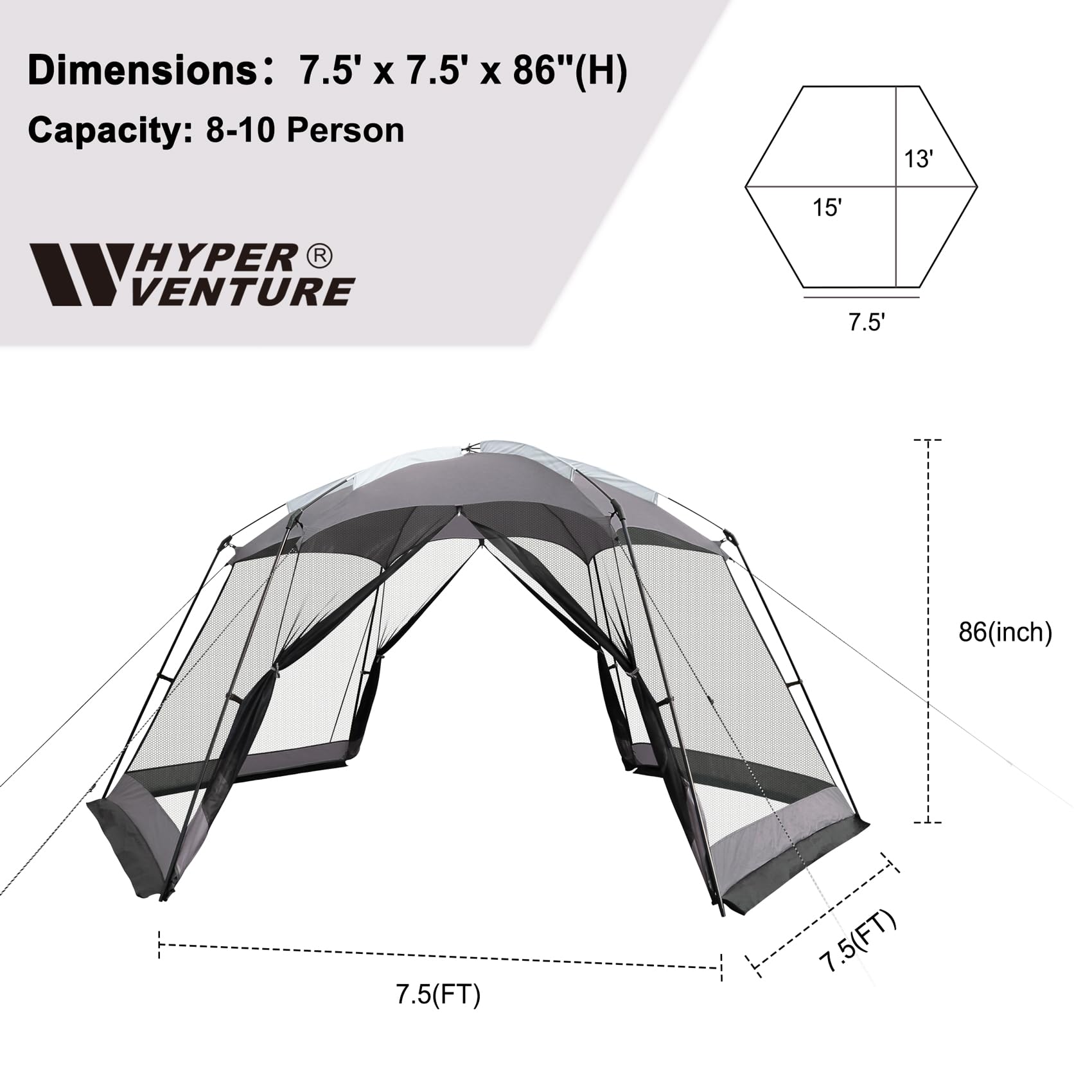 Hyper Venture Screen House 15x13 FT Mesh Canopy Tent Camping Gazebo Shelter for 8-10 People Outdoor Party Activities, Grey