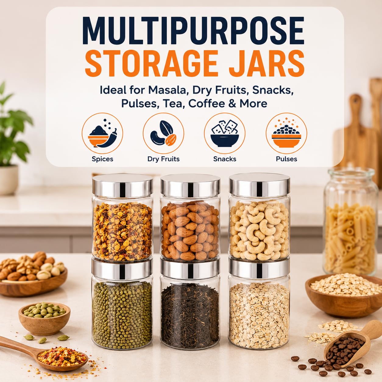 Homeor Vorratsdosen und Behälter aus Kunststoff für die Küche, stapelbar, luftdicht, Stahlkappe, Set mit 6 Boxen in Lebensmittelqualität, BPA-frei, 6 Stück à 500 ml, transparent