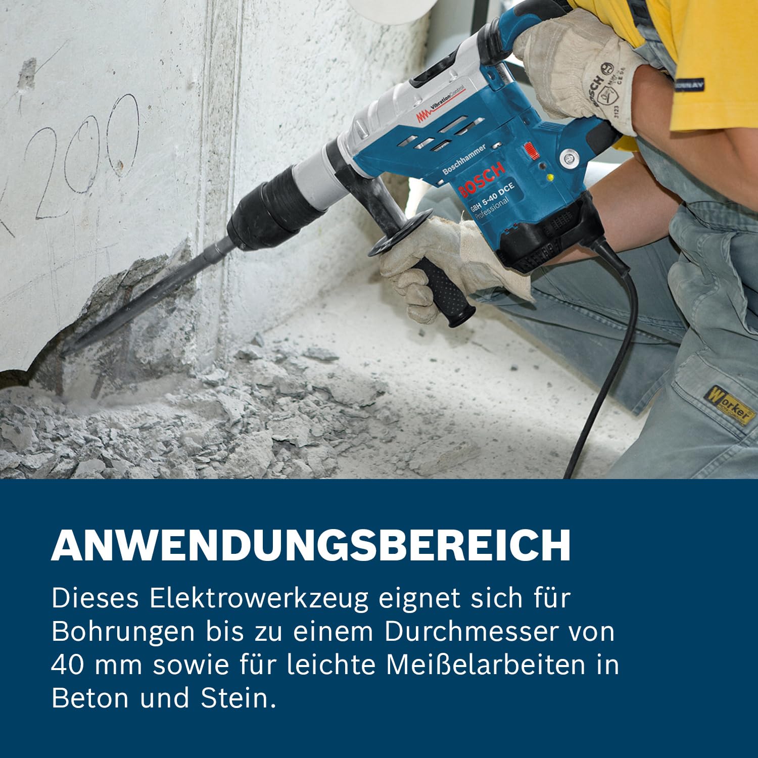 Bosch Professional GBH 5-40 DCE hammer drill, 1,150 W rated input power, 8.8 J impact energy, 1,500–3,050 min¯¹, stroke rate, carrying case., 0611264000, Corded Electric