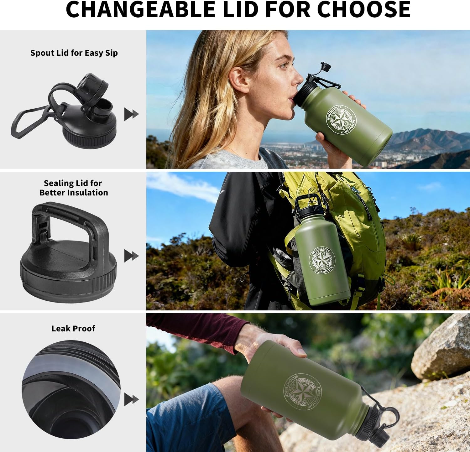 MOON LENCE Insulated Water Bottle, 64 oz Battle Water Jug with Molle Sleeve, Stainless Steel Water Bottles with Changeable Lids, Tactical Water Bottle for Camping, Hiking, Gym Hunter Green