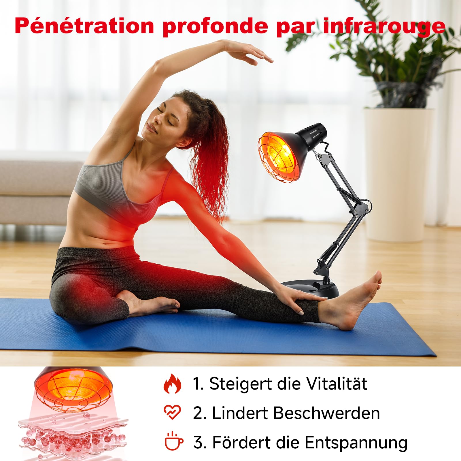 Cozion Lampe In-frarouge Chauffante 150w, Lampe à in-frarouge avec 10 niveaux de réglage de la température et 12 niveaux de minuterie (Noir)