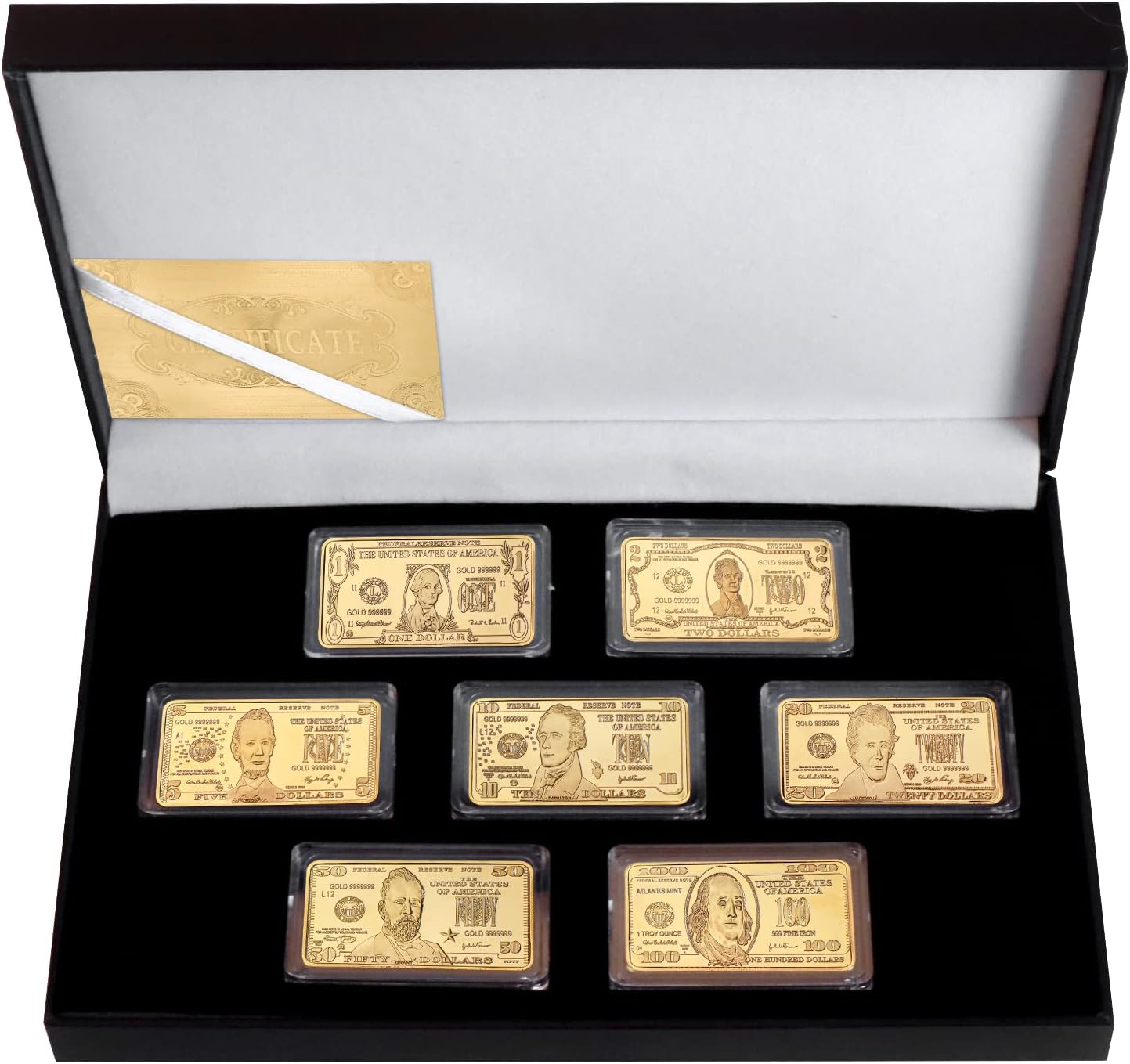 WR 7pcs/lot US Dollars Challenge Gold Bar with Coin Holder America Collectables Coin Bullion Set Box