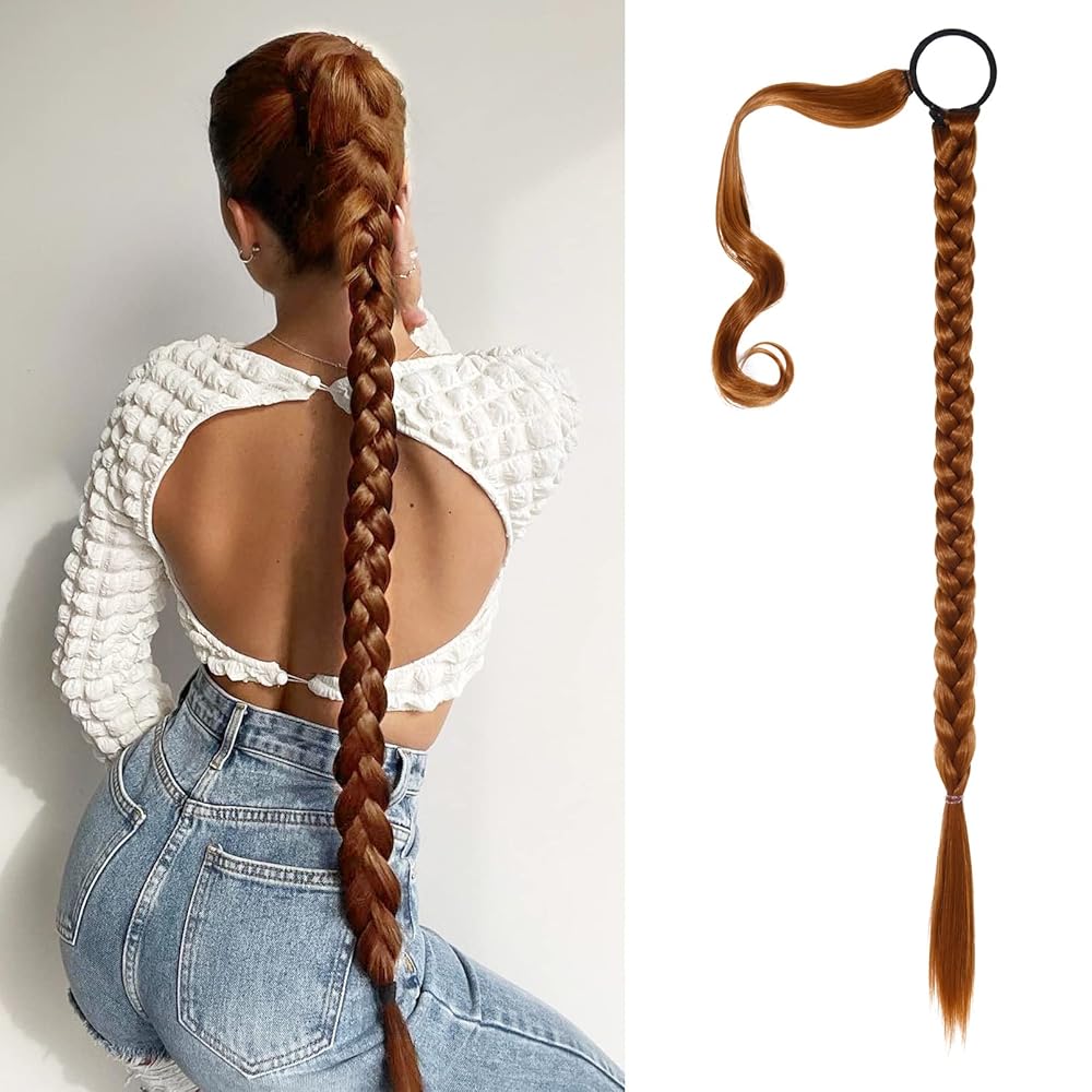 SEIKEA Upgraded Long Braid Ponytail Extension with Elastic Tie Straight Sleek Wrap Around Braid Hair Extensions Ponytail Copper Red 34 Inch (After Braided 30 Inch)