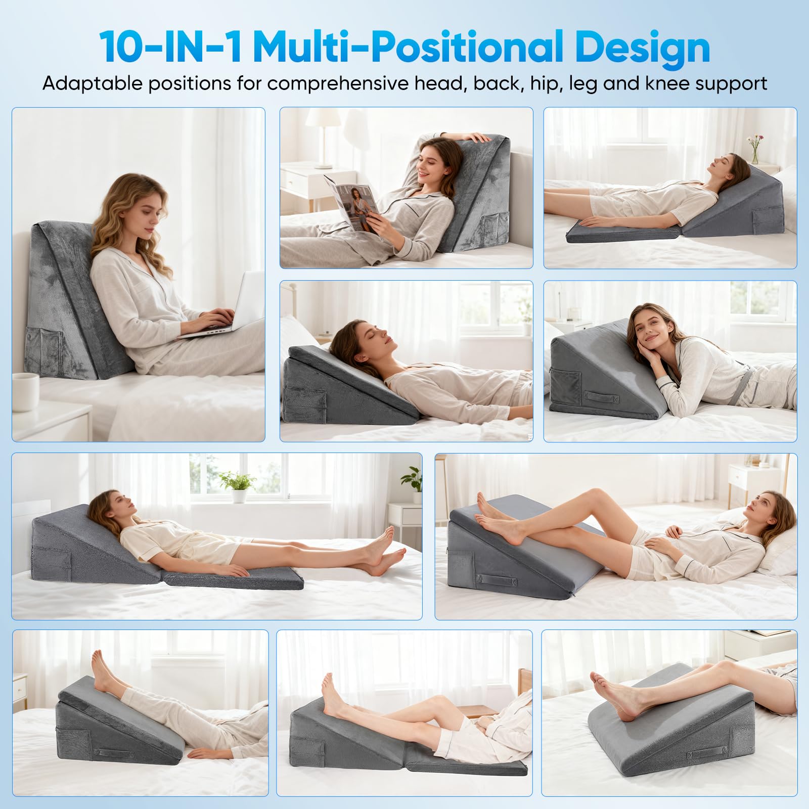 Almohada de cuña para cama de espuma viscoelástica con altura ajustable, almohada ortopédica para dormir, cojín de lectura, ideal para recuperación quirúrgica, reflujo, ronquidos, problemas de espalda