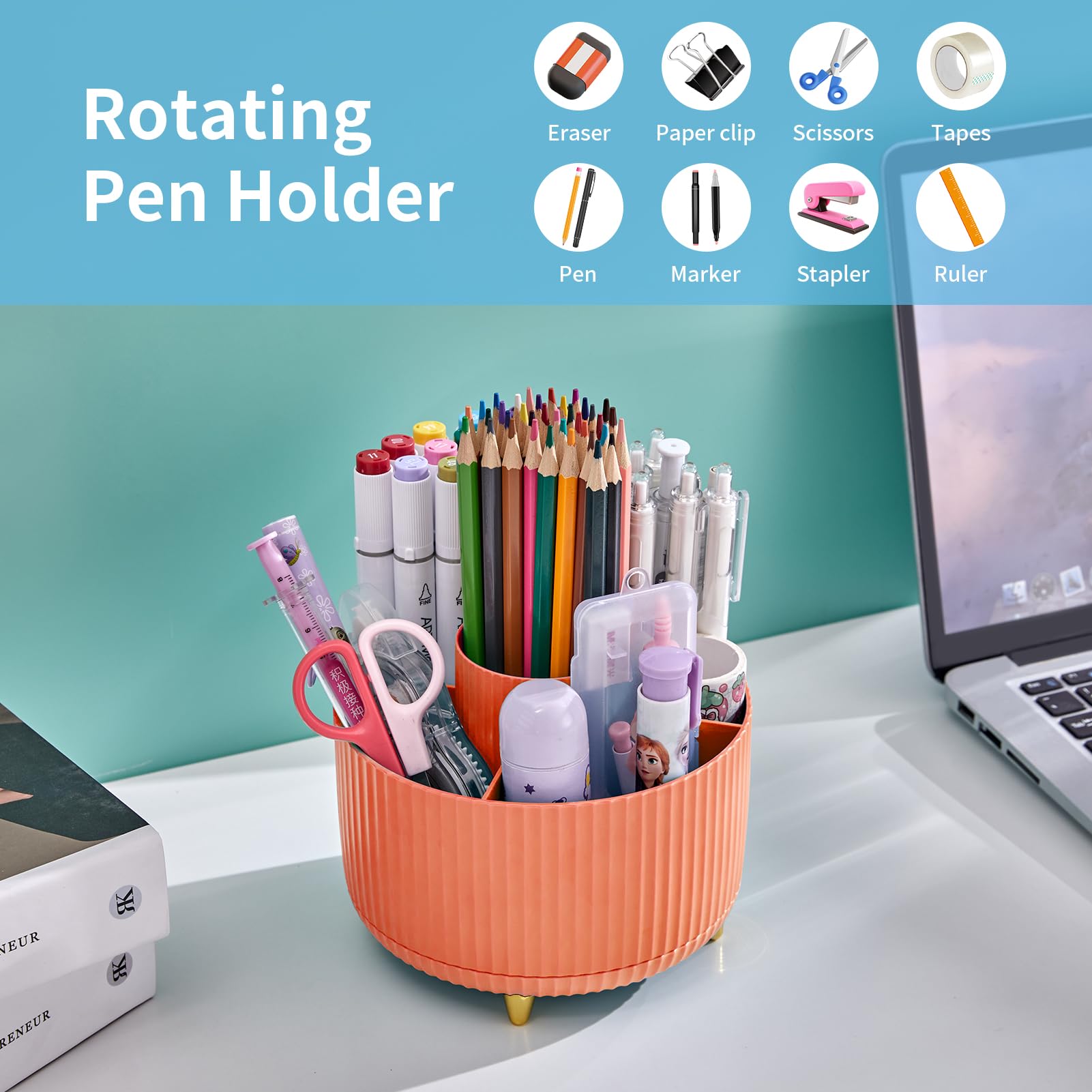 Marbrasse Desk Organiser,360-Degree Rotating Pen Holder for Accessories with 5 Compartments Pencil Organiser - Image 4