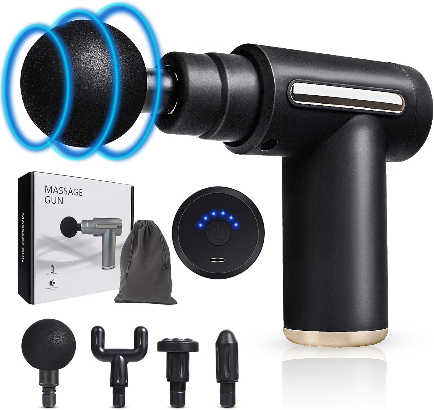 Pistola per massaggio, mini massaggiatore, pistola massaggiante con 4 testine massaggianti, dispositivo ricaricabile per alleviare dolori muscolari, spalle, corpo, schiena, regali di relax - Immagine 1