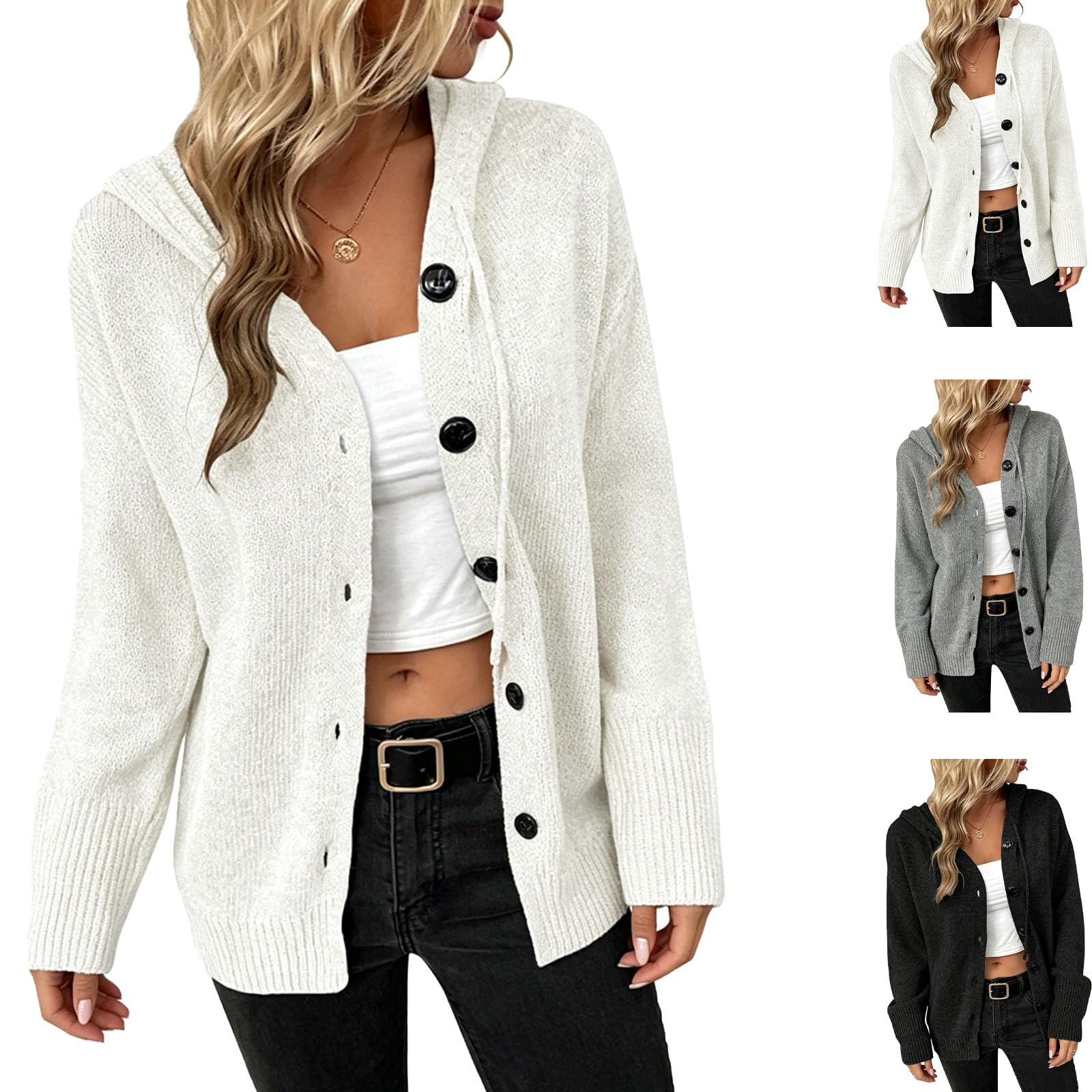 Cardigan Lungo da Donna con Cappuccio e Bottoni