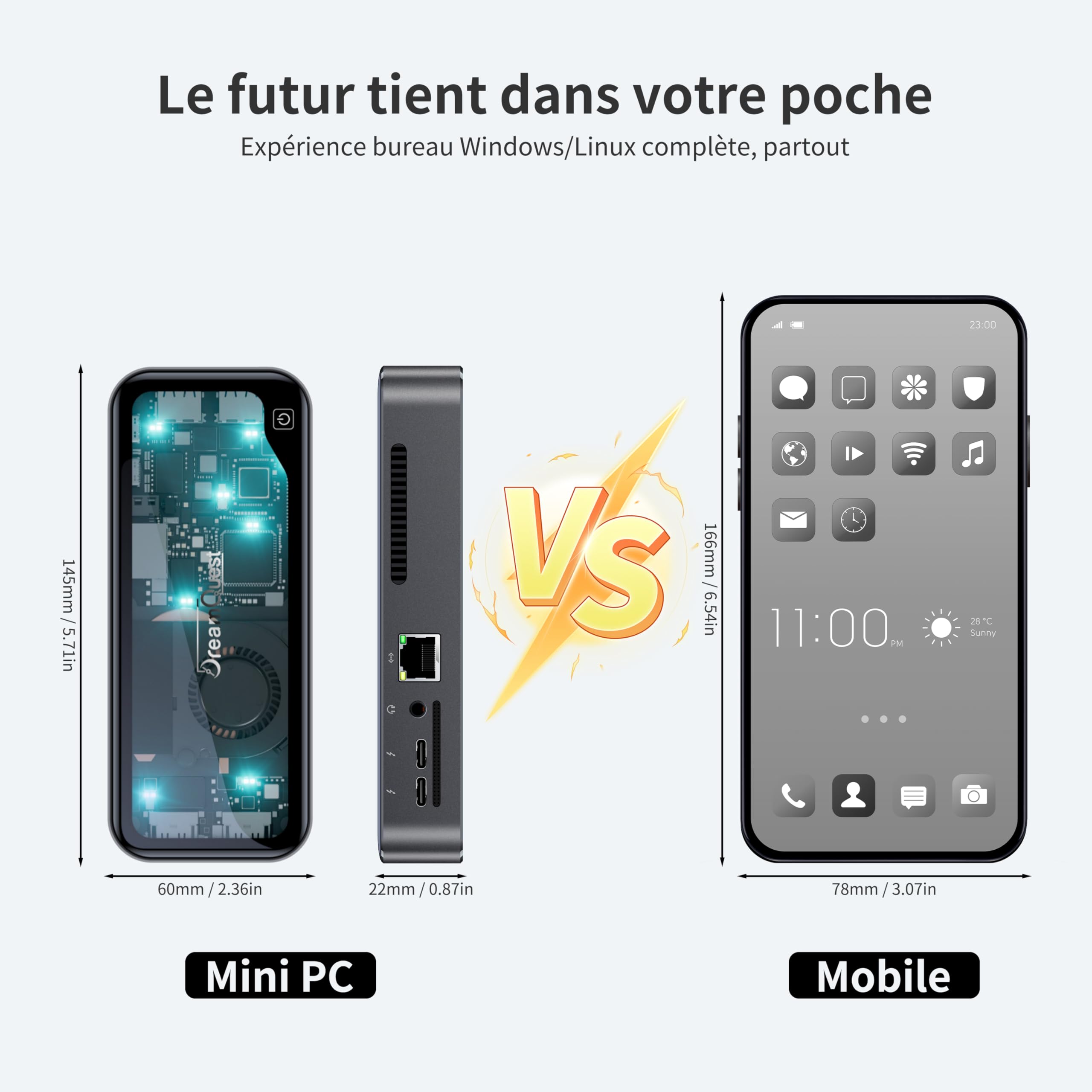 DreamQuest Mini PC Windows 11 Pro Processeur Intel N95 12ème génération (Jusqu’à 3,4 GHz), 12Go DDR5 512Go M.2 SSD, 2*USB|2*HDMI 4K@60Hz|4*USB 3.2|LAN|Wi-FI 6|Bluetooth 5.3