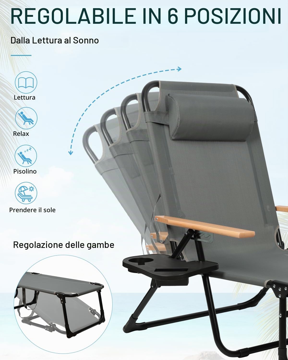 Lettino Prendisole Pieghevole, Sdraio da Spiaggia Portatile, Regolabile in 4 Posizioni, Sedia a Sdraio con Braccioli in Legno, per Balcone Giardino Piscina e Spiaggia (Grigio con Beige)