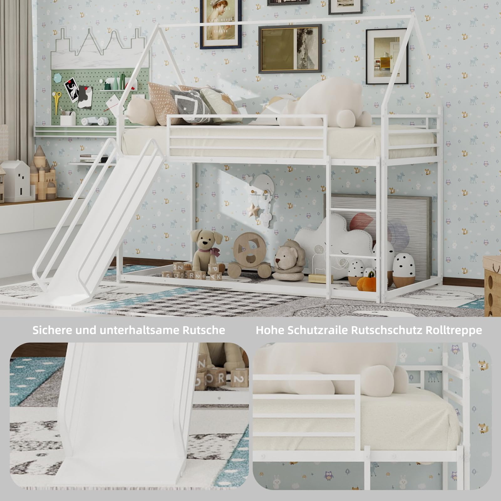 Lit Superposé Enfant 90 * 190 cm avec Toboggan et Escalier, Lit Cabane en Métal Robuste avec Barrière de Sécurité et Sommier, Design Moderne Gain de Place pour Chambre d'enfant Blanc