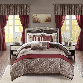 24-Piece Essentials Delaney Room in a Bag Comforter Set All Season Down Alternative Cozy Bedding with Matching Shams, Queen90"X90", Medallion Red