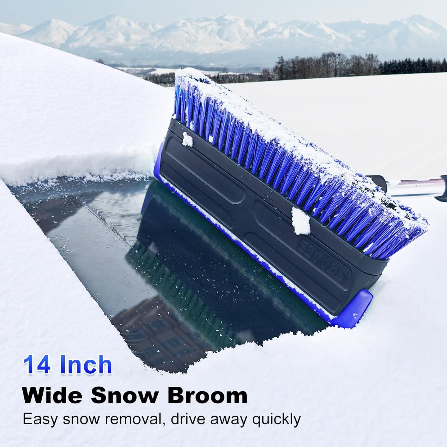 SEAAES 56 Inch Truck Snow Brush Scraper Long Handle, Heavy Duty Extendable Snow Broom for SUV, Windshield Ice Scraper with Foam Grip for Car Automobile Vehicle Window - Blue