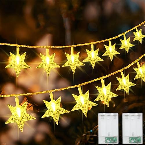 Paquete de 2 tiras de luces de estrella que funcionan con pilas, luces de hadas de estrellas de 26 pies, 80 luces LED parpadeantes, impermeables,