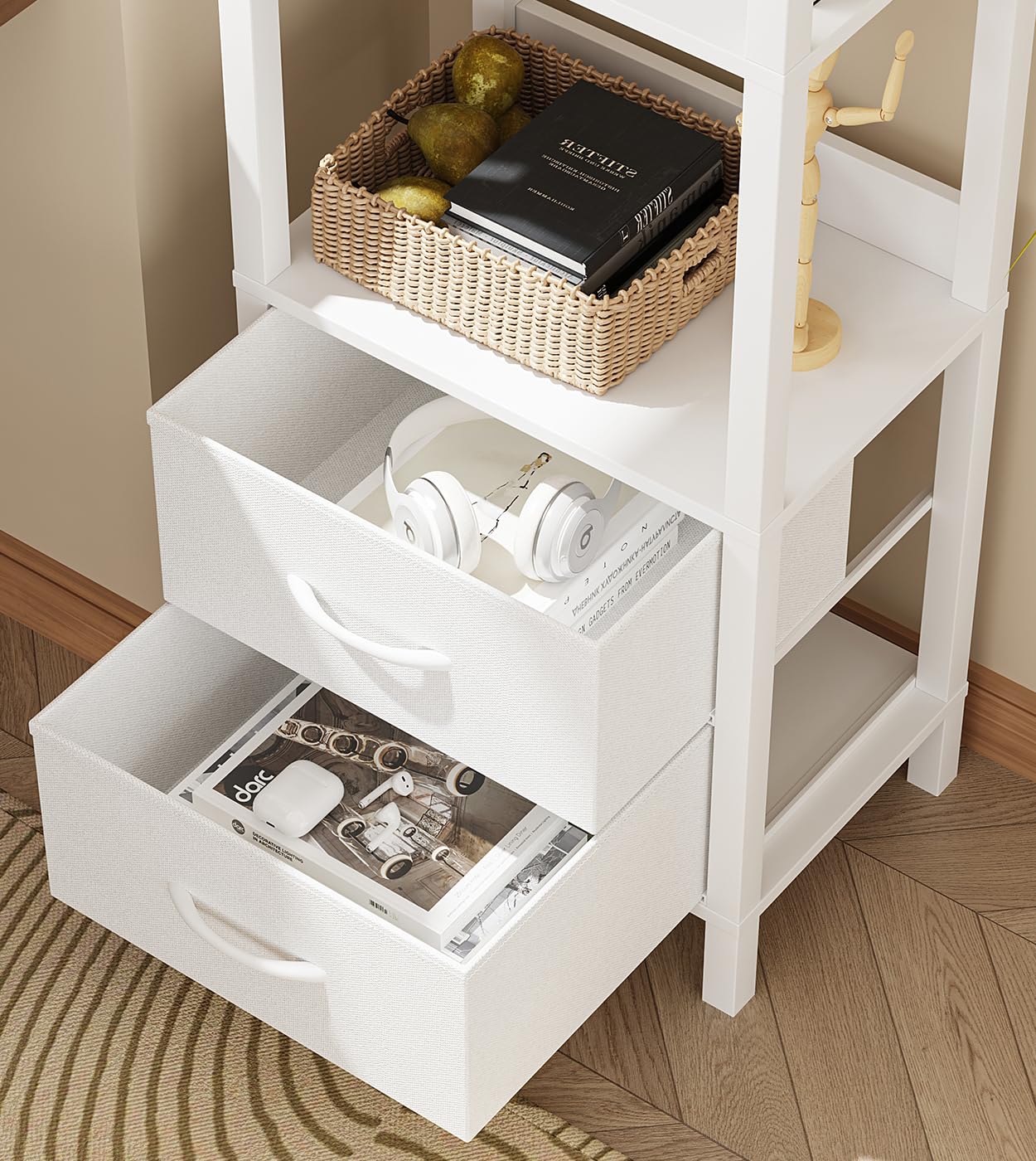 Estantería alta con cajones, estantería de 6 niveles para libros, kit de garaje, CD, películas, estantes modernos de pie, organizador de almacenamiento para dormitorio, oficina, sala de estar, 4