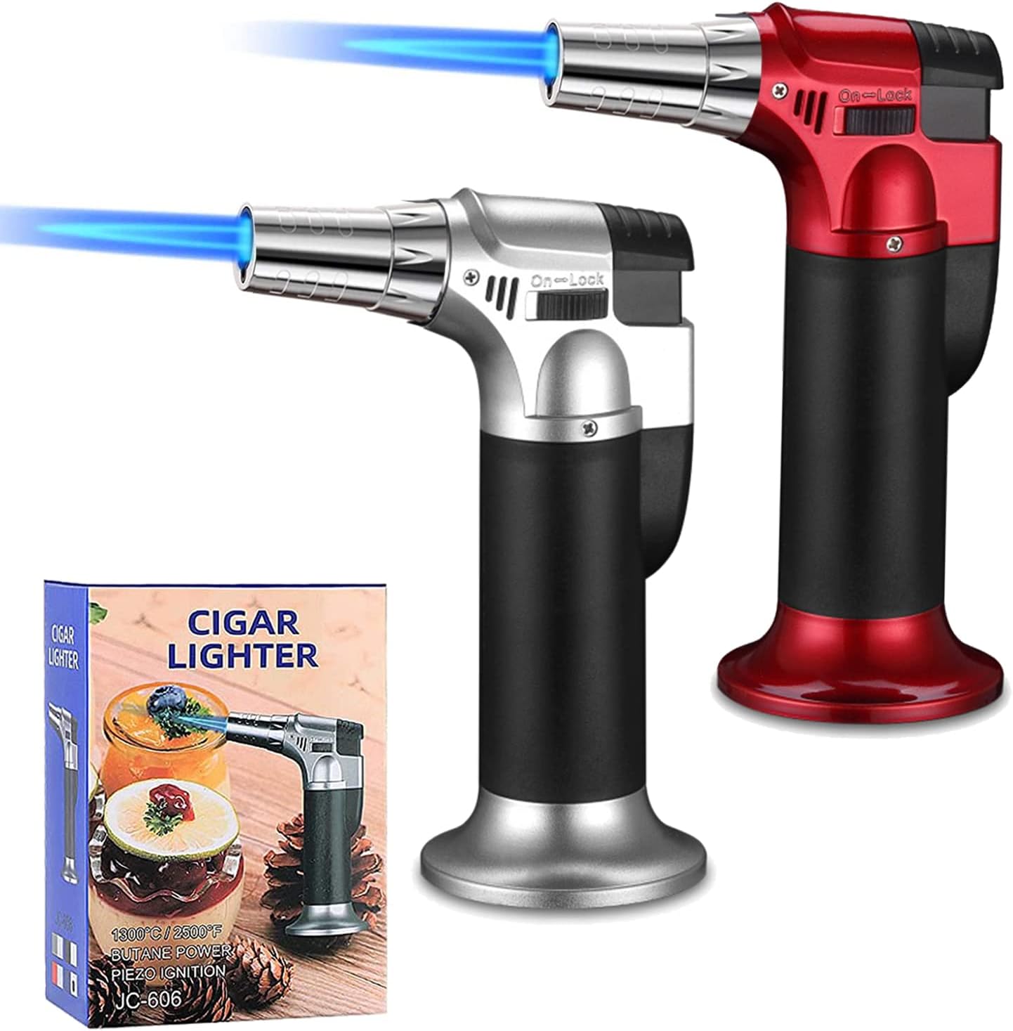 2 Pack Butane Torch, Refillable Blow Torch Lighter, Kitchen Butane Torch with Lock Adjustable Flame for Cooking, BBQ, Brulee Creme, Baking(Butane Gas not Included)