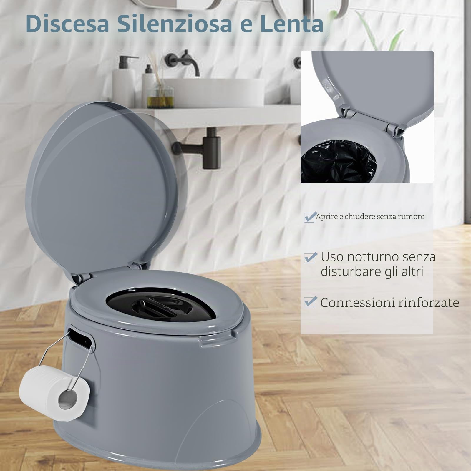 SOARS WC Portatile 5L, 49 X 41 X 34 CM, Toilette con Coperchio Anti-Odore, Secchio Interno Rimovibile, Portarotolo per Carta Igienica, Carico 200 kg, per Campeggio, Viaggi, Escursioni