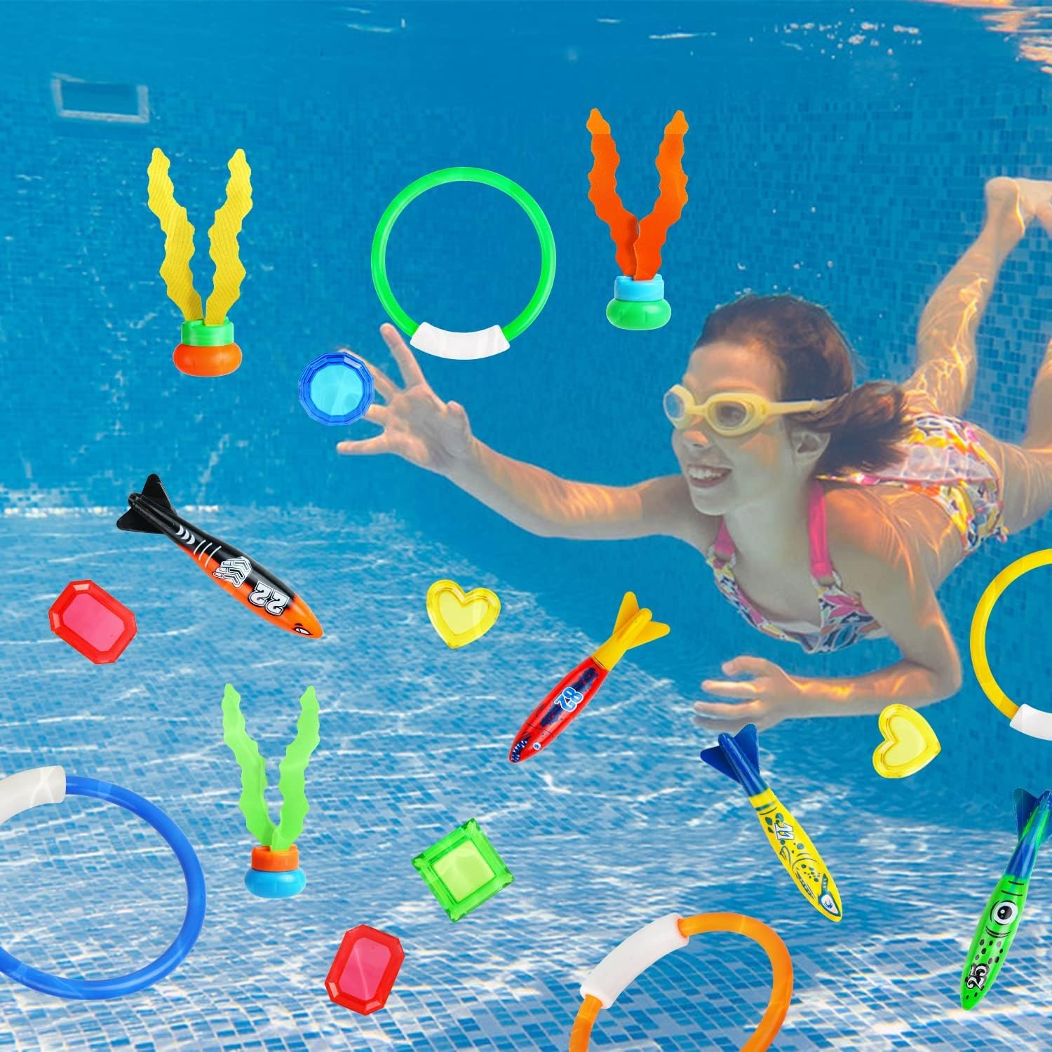 DERAYEE 20pcs Jouet de Plongée,Jouets Piscine Enfant avec Torpilles & Anneaux & Algues & Diamants