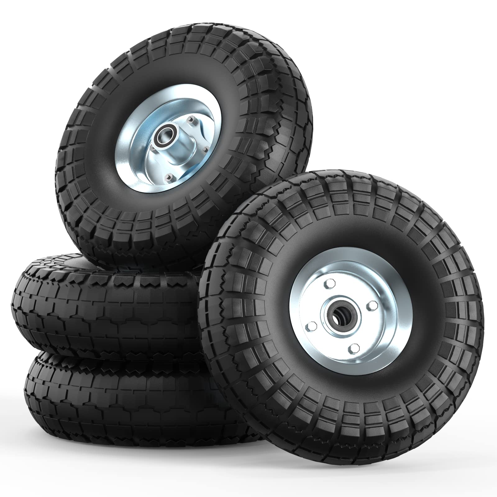 Photo 1 of 10" 4.10/3.50-4 Solid Tire Flat Free w/ 5/8" Center Bearings, Heavy Duty Replacement Wheels [4PCS]