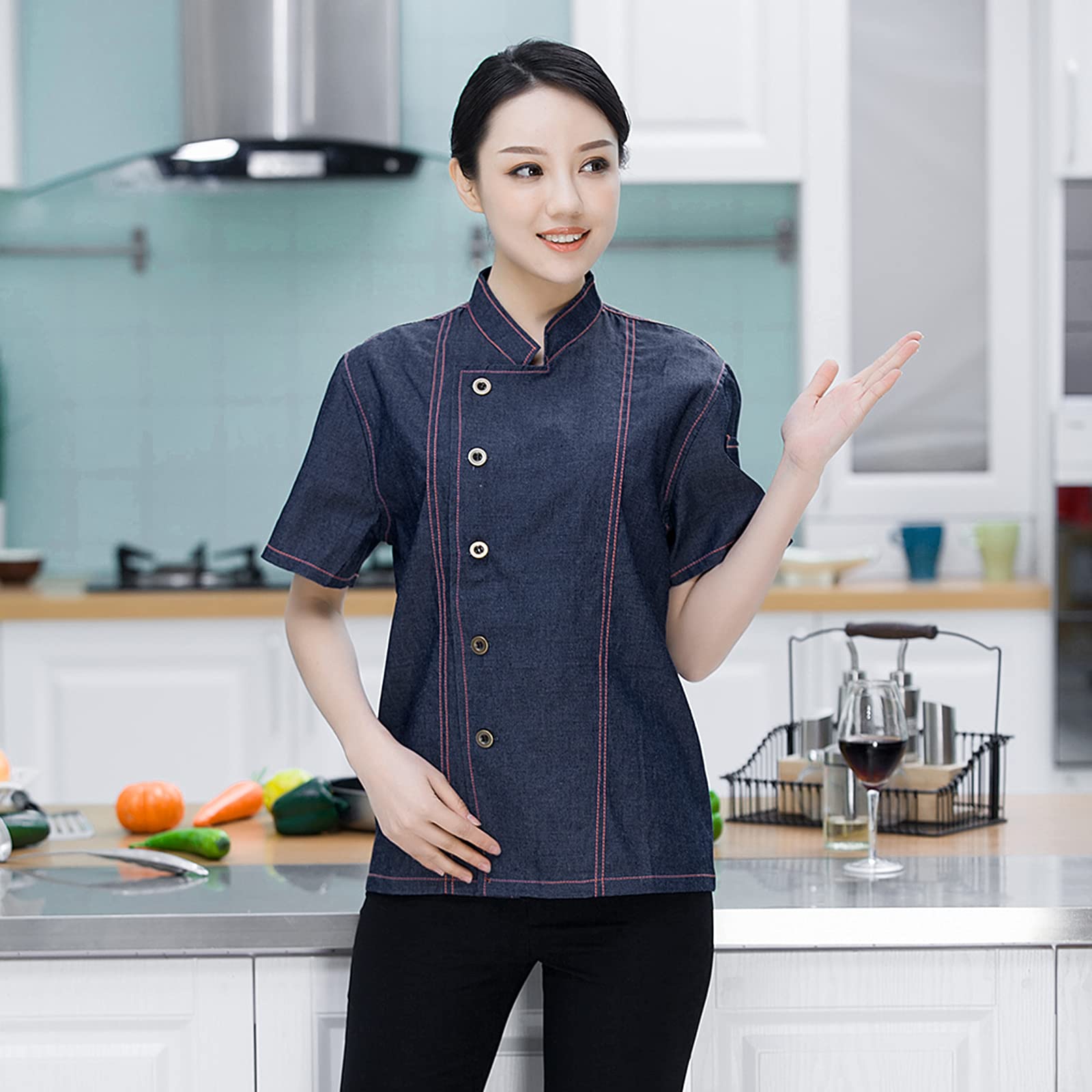 Giacca da cuoco in denim unisex, a maniche corte, divisa da cucina, blu, M