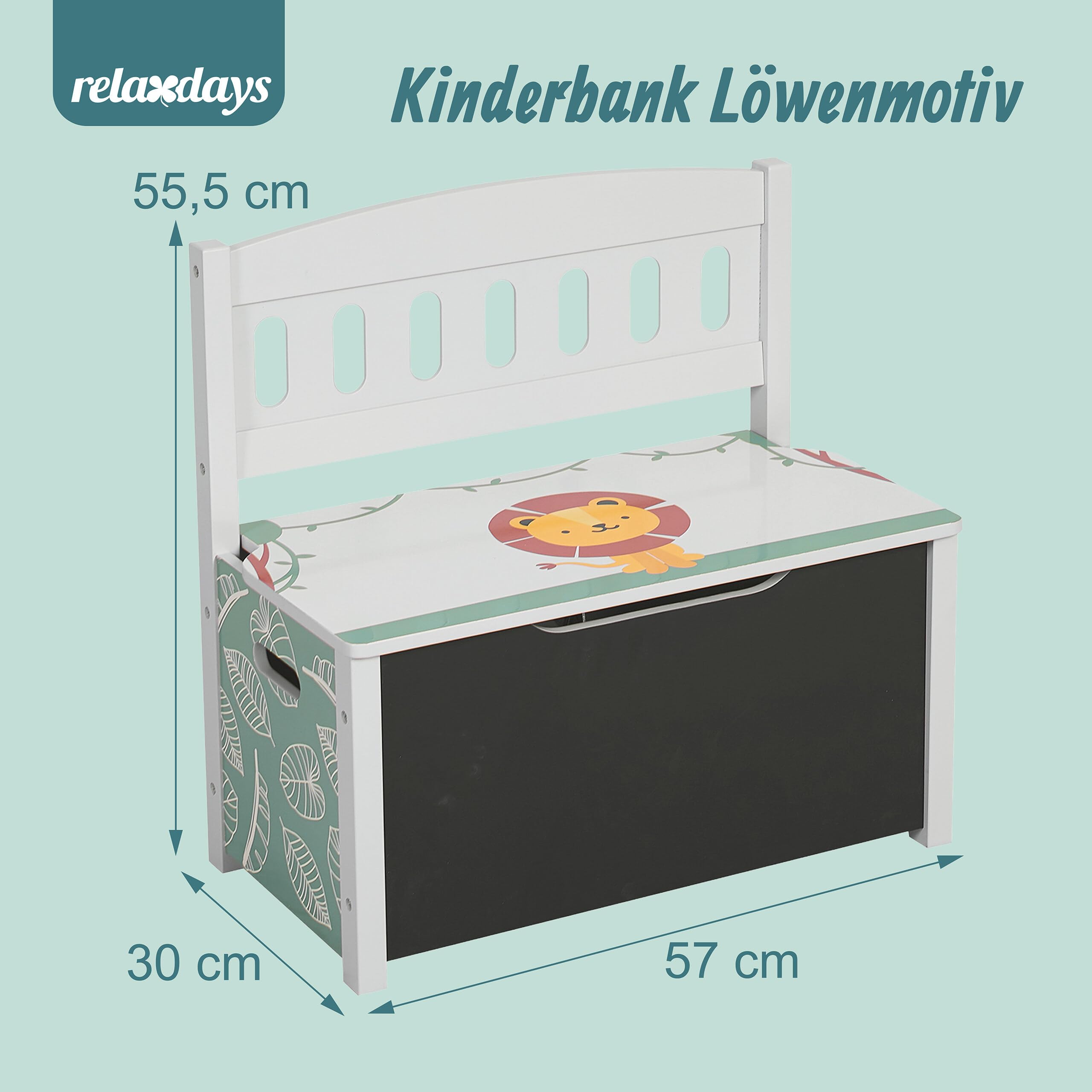 Relaxdays Kinderbank mit Stauraum, Tafel, Rückenlehne, HBT: 55,5 x 57 x 30 cm, Kinder, Löwenmotiv, Spielzeugkiste, bunt