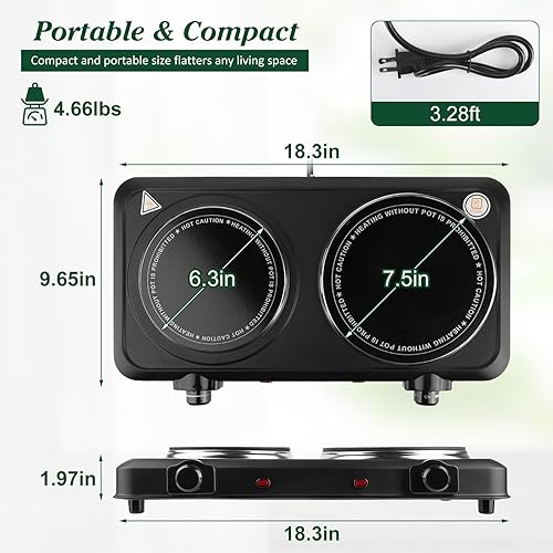 Miniatura 6 de Encimera eléctrica doble quemador, 1800 W con placa caliente de vidrio, control de temperatura continuo, fácil de limpiar, luces indicadoras, estufa