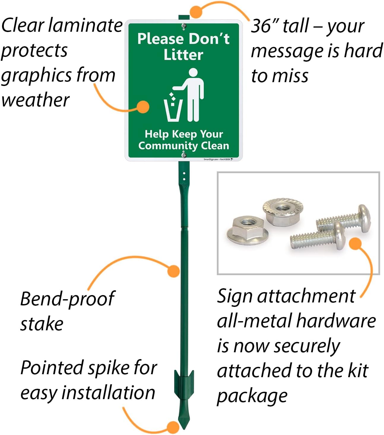 SmartSign "Please Don't Litter - Help Keep Your Community Clean" LawnBoss® Sign | 10" x 12" Aluminum Sign With 3' Stake